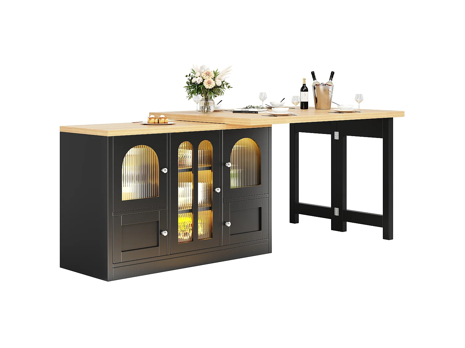 Kücheninsel 120-197cm - Küchenmöbel mit um 360° schwenkbarem ausziehbarem Tisch und RGB-LED-Beleuchtung - Schwarz