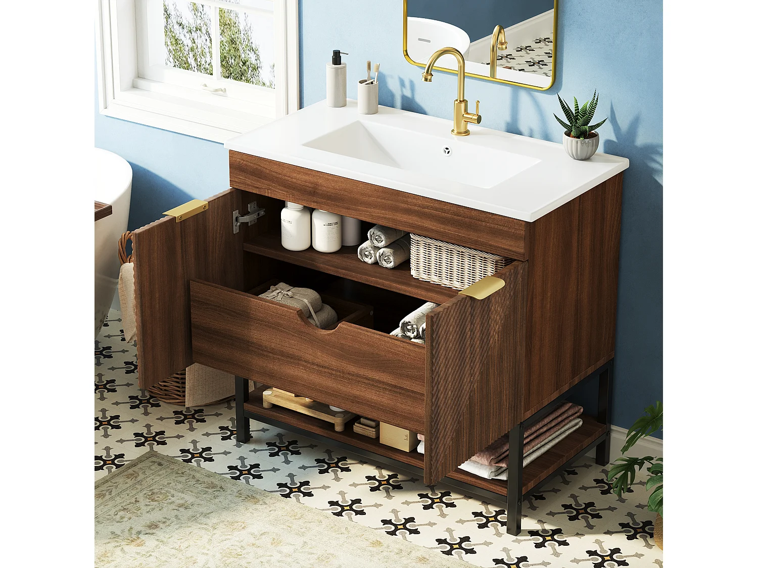 Badrumsskåp på ben 81cm - Underskåp med keramisk tvättställ, låda, dörrar med diagonal relief och metallben - Valnöt