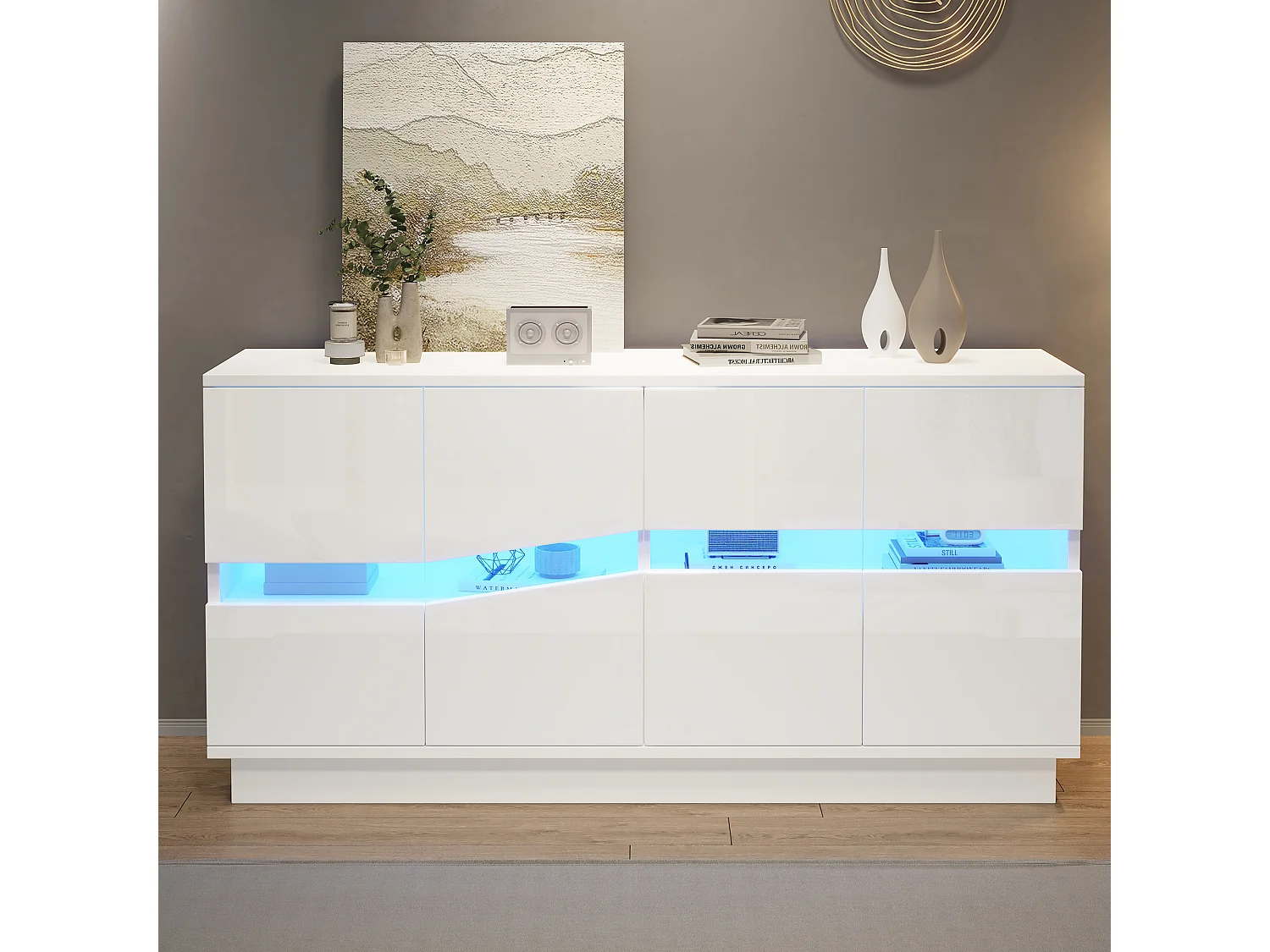 Bufet wykończenie błyszczące 140x35x70 cm - Z oświetleniem LED - 4 drzwi z otwieraniem przez naciśnięcie - MDF i akryl - Biały