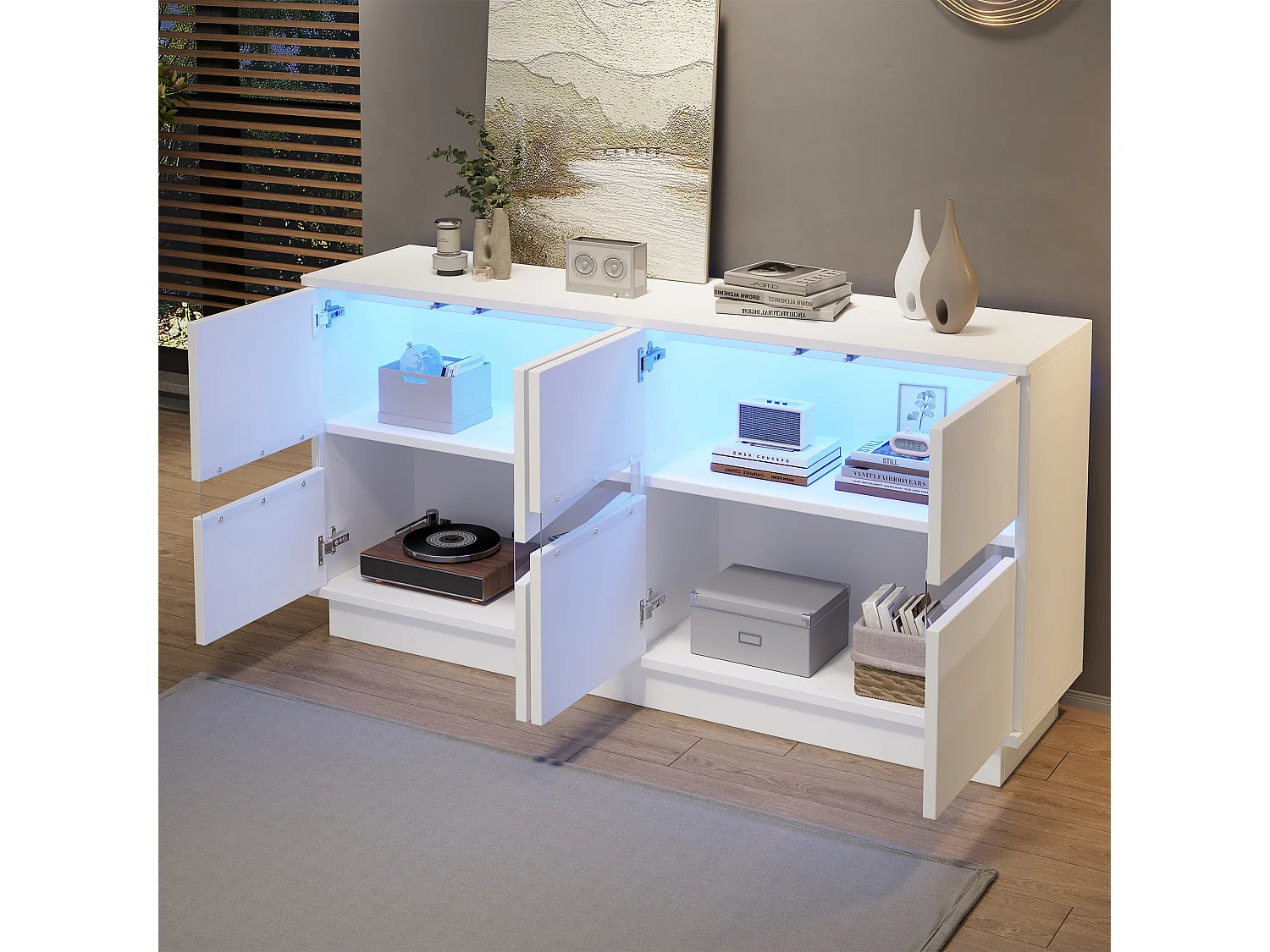 Bufet wykończenie błyszczące 140x35x70 cm - Z oświetleniem LED - 4 drzwi z otwieraniem przez naciśnięcie - MDF i akryl - Biały
