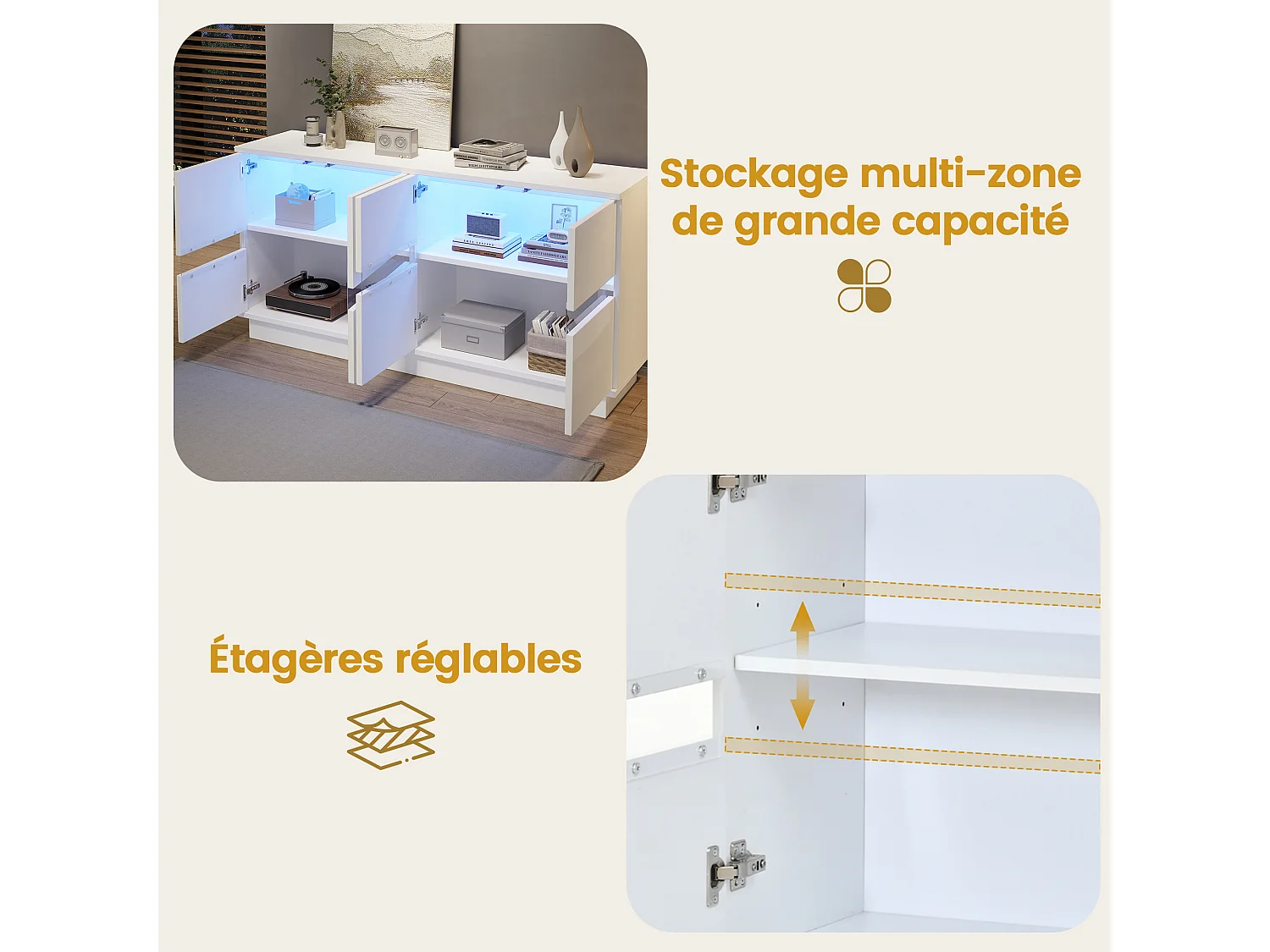 Bufet wykończenie błyszczące 140x35x70 cm - Z oświetleniem LED - 4 drzwi z otwieraniem przez naciśnięcie - MDF i akryl - Biały
