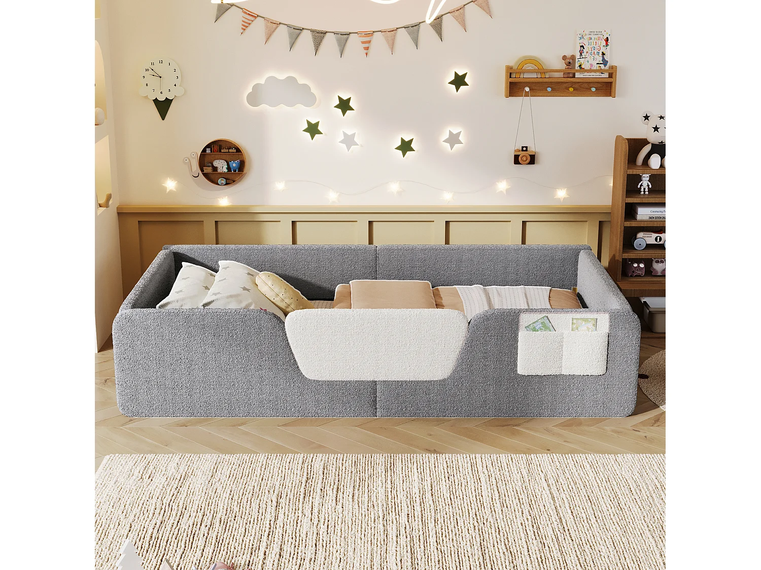 Lit rembourré pour enfant 90 x 190 cm – Avec barrière de sécurité amovible – Poche de rangement en tissu – Revêtement en velours – Gris (matelas non inclus)