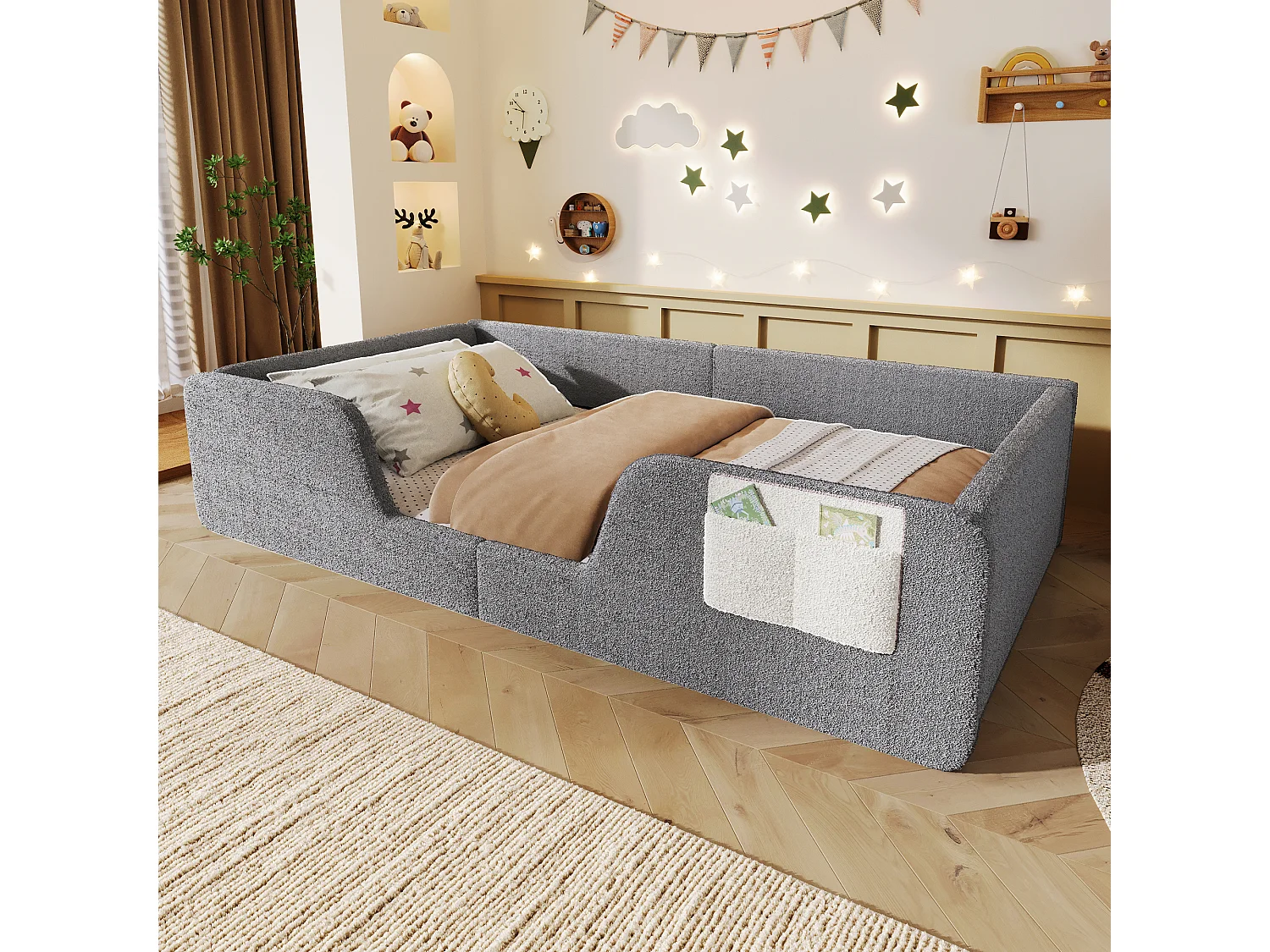 Lit rembourré pour enfant 90 x 190 cm – Avec barrière de sécurité amovible – Poche de rangement en tissu – Revêtement en velours – Gris (matelas non inclus)