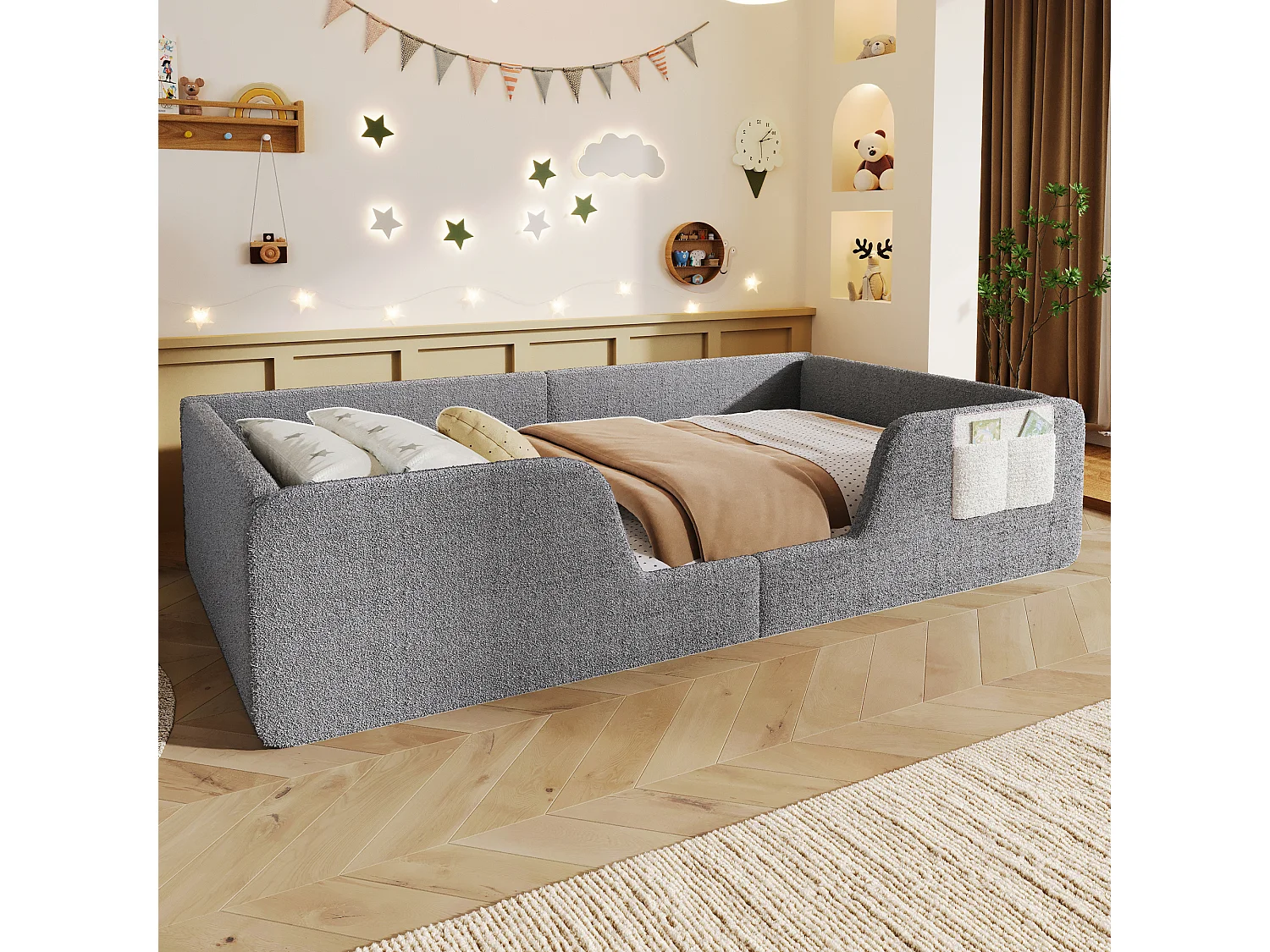 Lit rembourré pour enfant 90 x 190 cm – Avec barrière de sécurité amovible – Poche de rangement en tissu – Revêtement en velours – Gris (matelas non inclus)