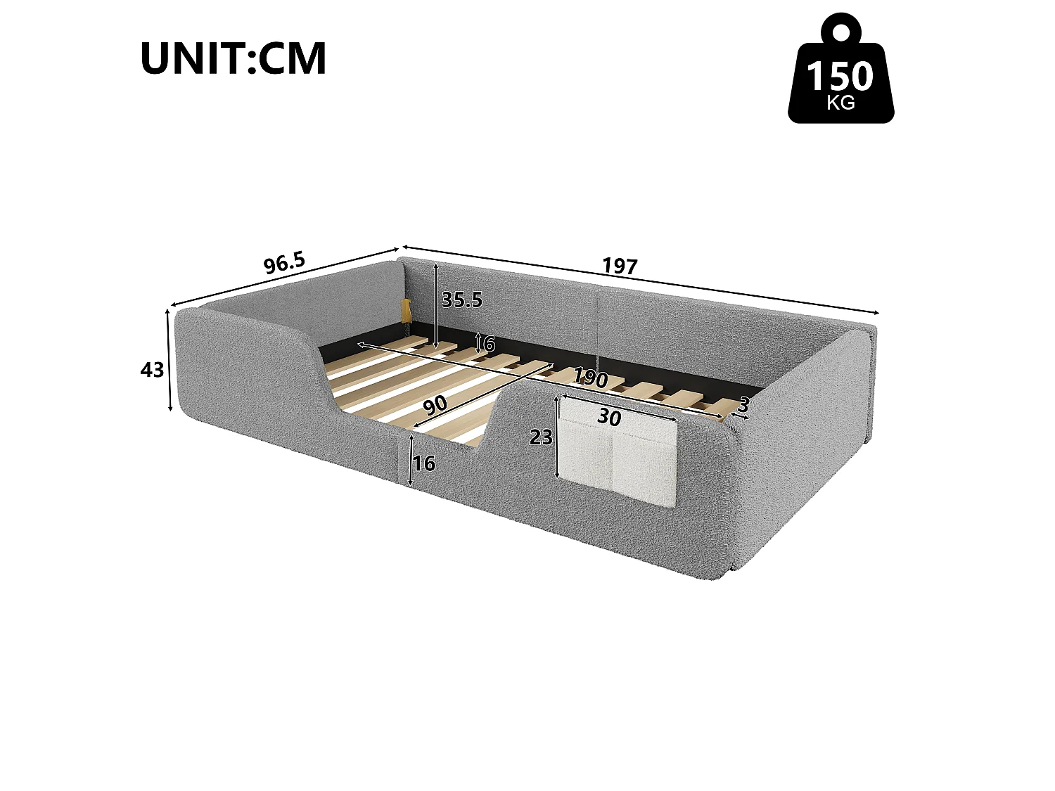 Lit rembourré pour enfant 90 x 190 cm – Avec barrière de sécurité amovible – Poche de rangement en tissu – Revêtement en velours – Gris (matelas non inclus)