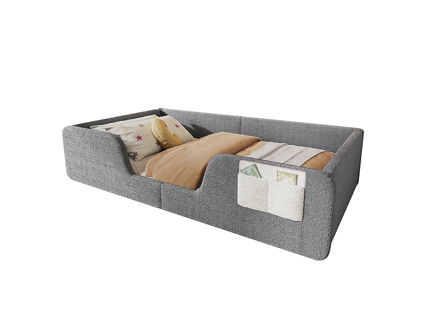 Lit rembourré pour enfant 90 x 190 cm – Avec barrière de sécurité amovible – Poche de rangement en tissu – Revêtement en velours – Gris (matelas non inclus)