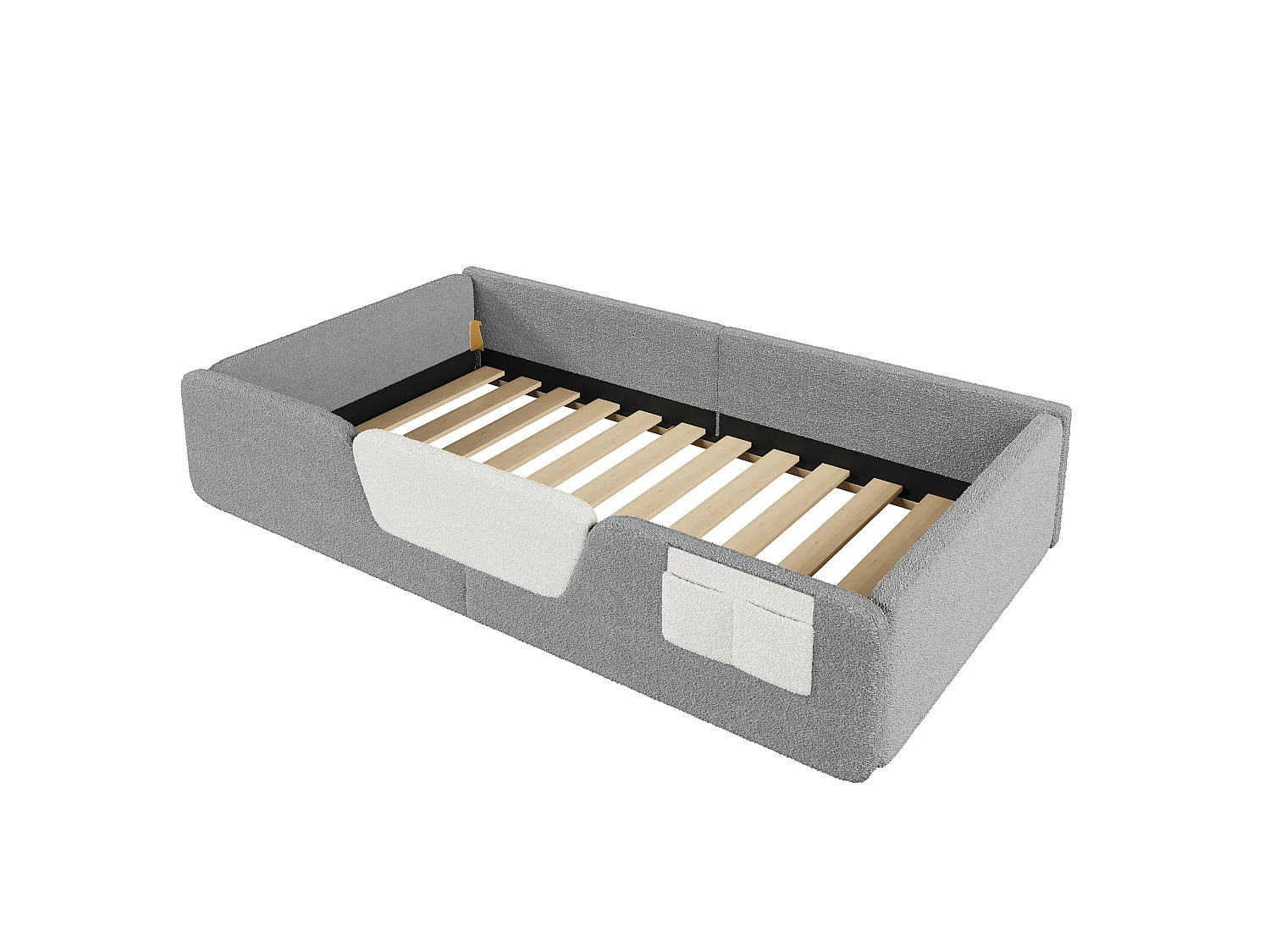 Lit rembourré pour enfant 90 x 190 cm – Avec barrière de sécurité amovible – Poche de rangement en tissu – Revêtement en velours – Gris (matelas non inclus)