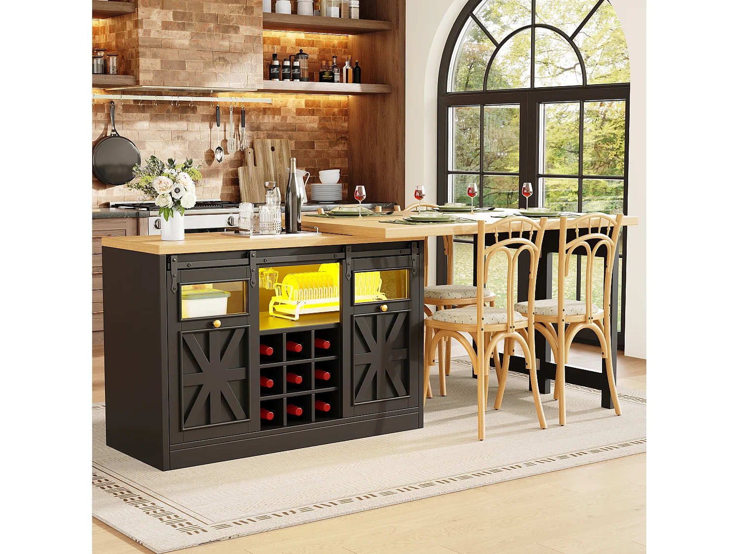 Ilha de Cozinha 120-197cm - Móvel de Cozinha com Mesa Extensível Giratória a 360° e Iluminação LED RGB - Preto