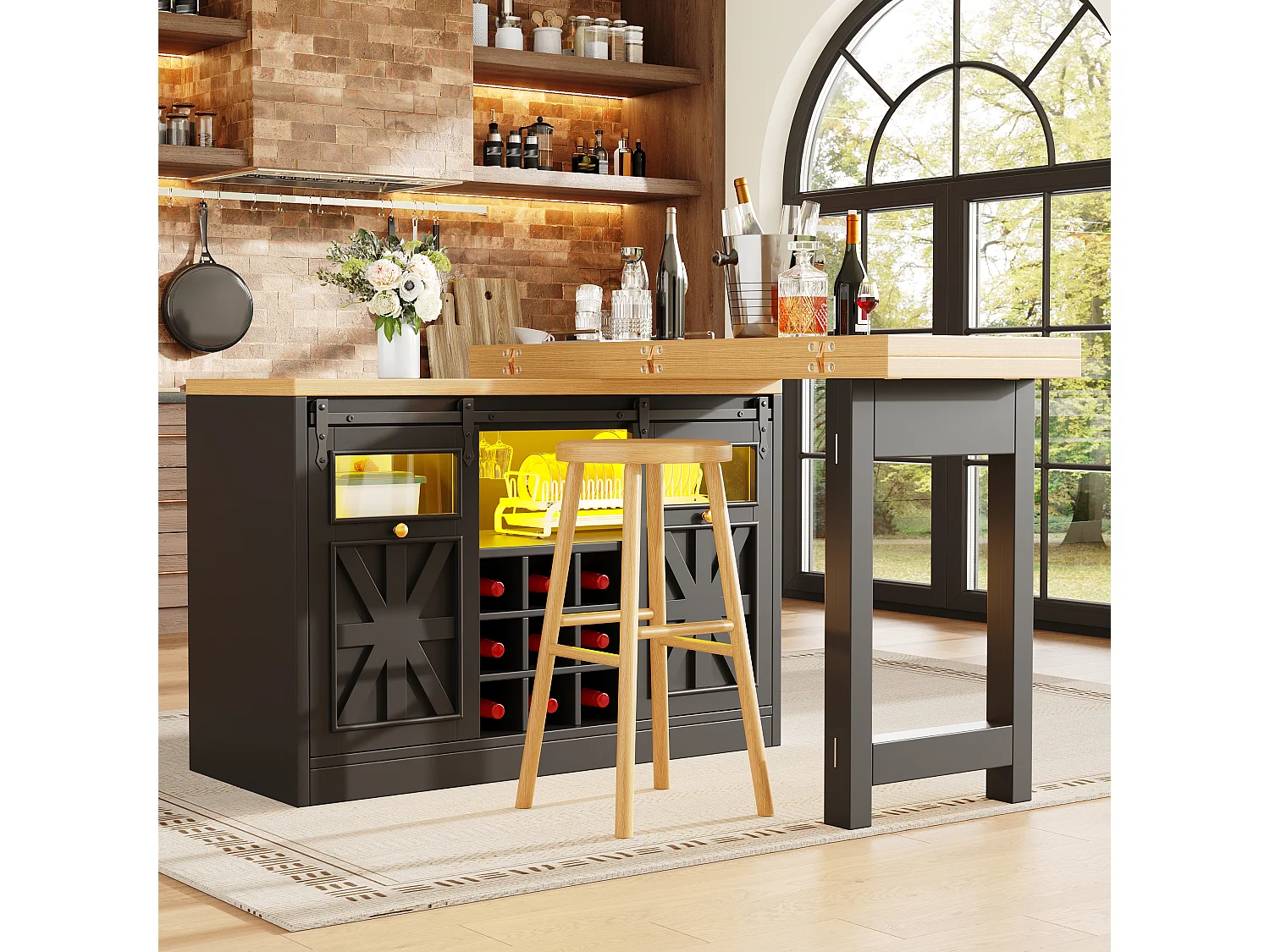 Ilha de Cozinha 120-197cm - Móvel de Cozinha com Mesa Extensível Giratória a 360° e Iluminação LED RGB - Preto
