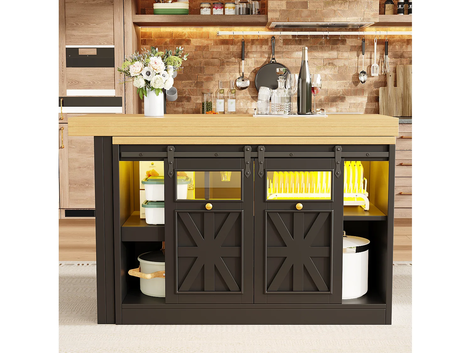 Ilha de Cozinha 120-197cm - Móvel de Cozinha com Mesa Extensível Giratória a 360° e Iluminação LED RGB - Preto