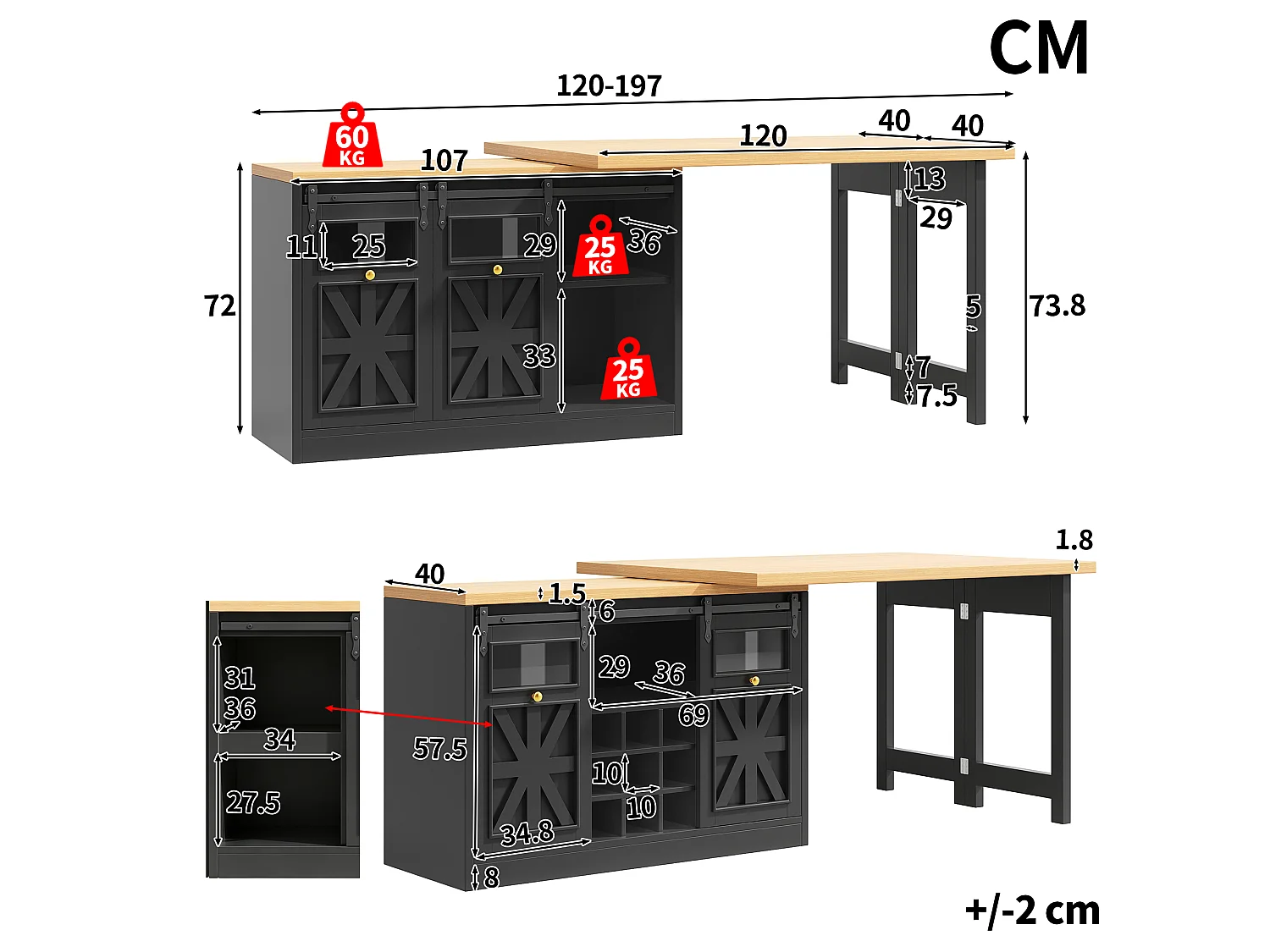 Ilha de Cozinha 120-197cm - Móvel de Cozinha com Mesa Extensível Giratória a 360° e Iluminação LED RGB - Preto