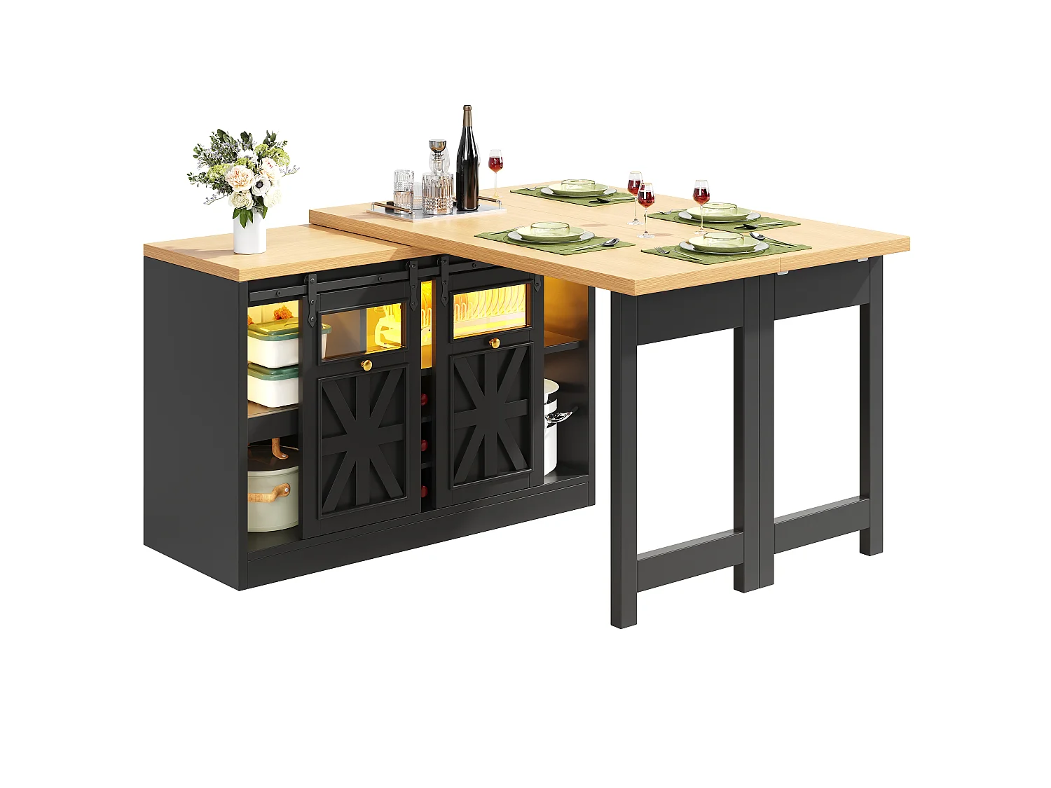 Ilha de Cozinha 120-197cm - Móvel de Cozinha com Mesa Extensível Giratória a 360° e Iluminação LED RGB - Preto