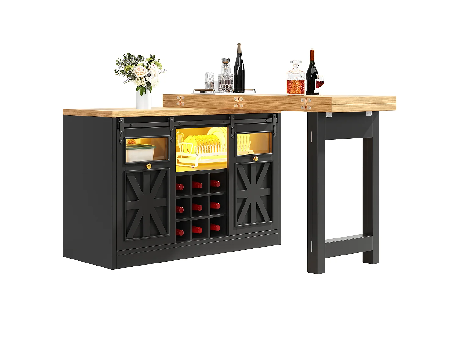 Ilha de Cozinha 120-197cm - Móvel de Cozinha com Mesa Extensível Giratória a 360° e Iluminação LED RGB - Preto