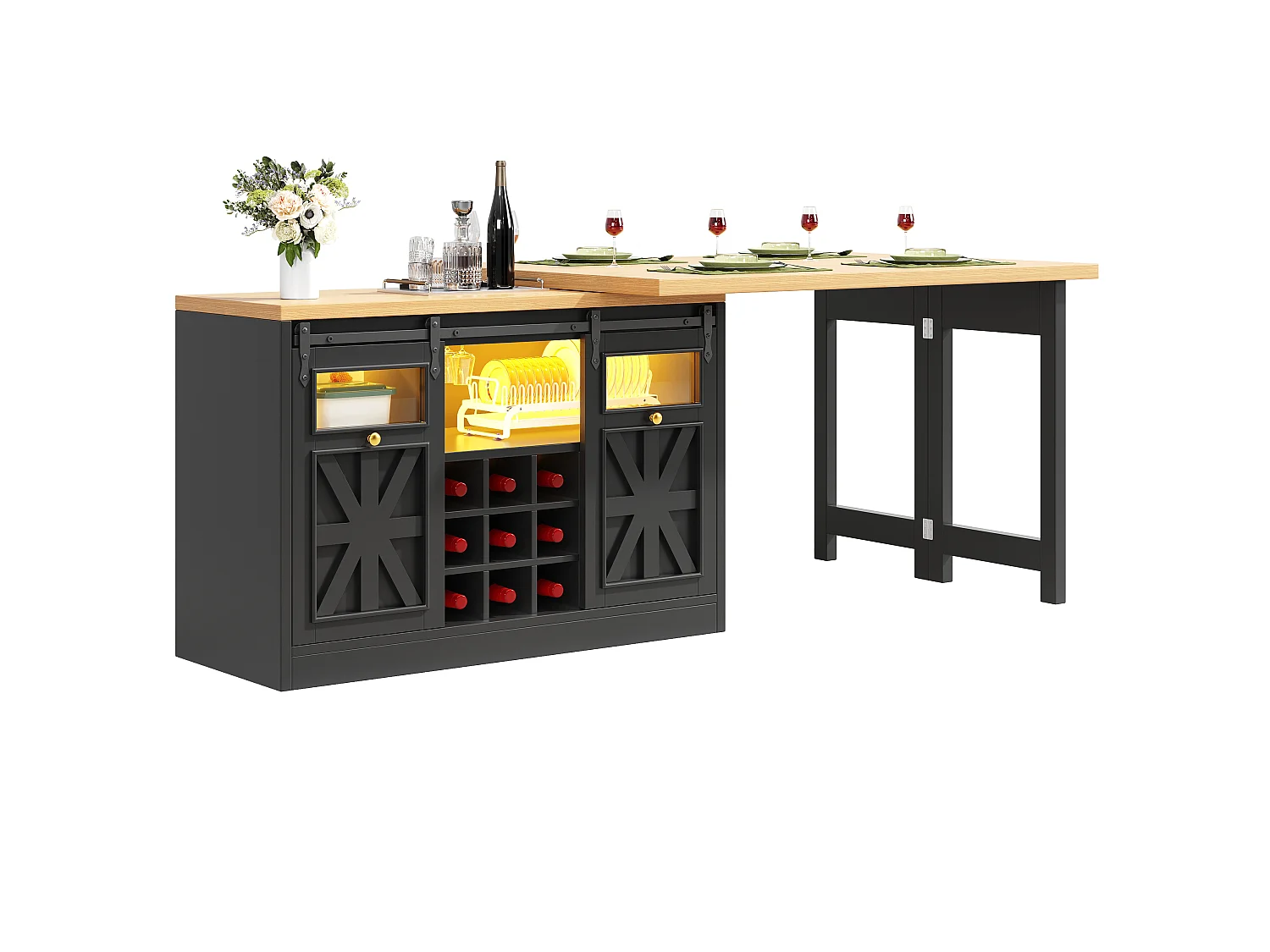 Ilha de Cozinha 120-197cm - Móvel de Cozinha com Mesa Extensível Giratória a 360° e Iluminação LED RGB - Preto