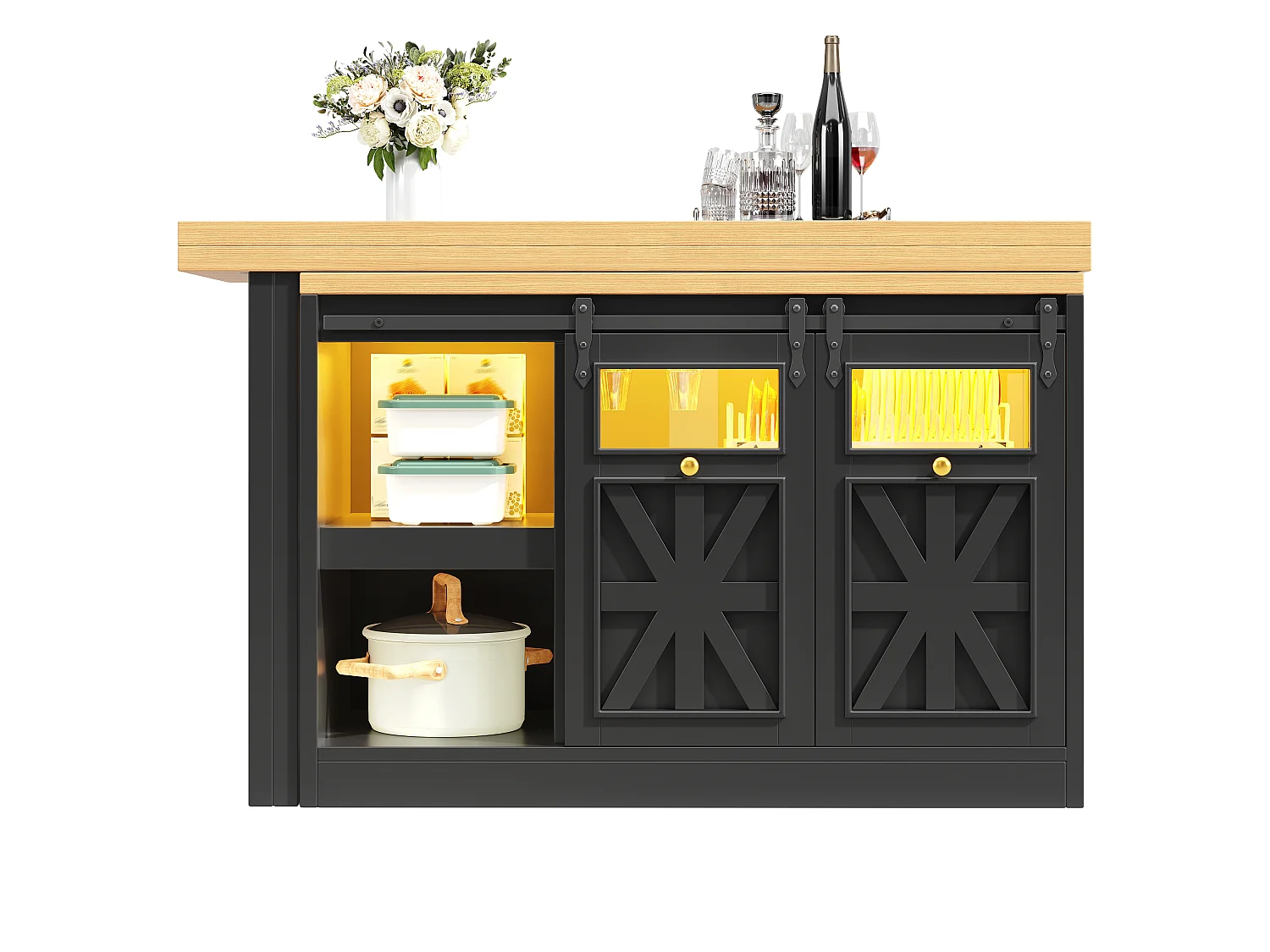 Ilha de Cozinha 120-197cm - Móvel de Cozinha com Mesa Extensível Giratória a 360° e Iluminação LED RGB - Preto