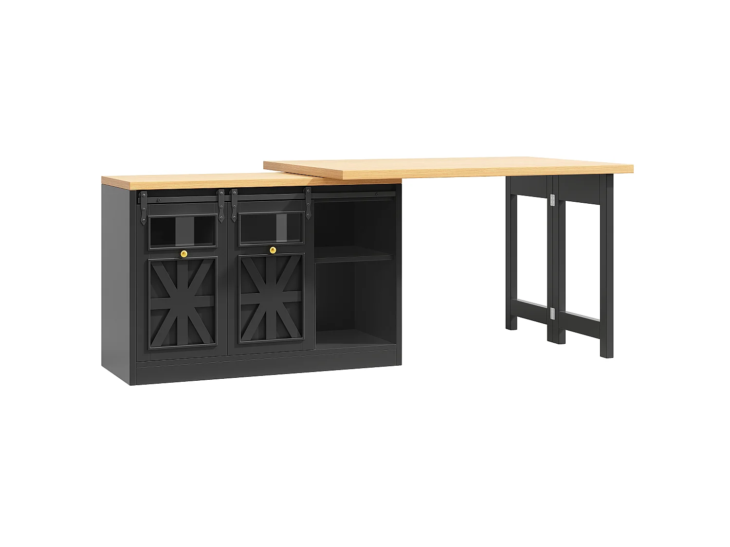 Ilha de Cozinha 120-197cm - Móvel de Cozinha com Mesa Extensível Giratória a 360° e Iluminação LED RGB - Preto