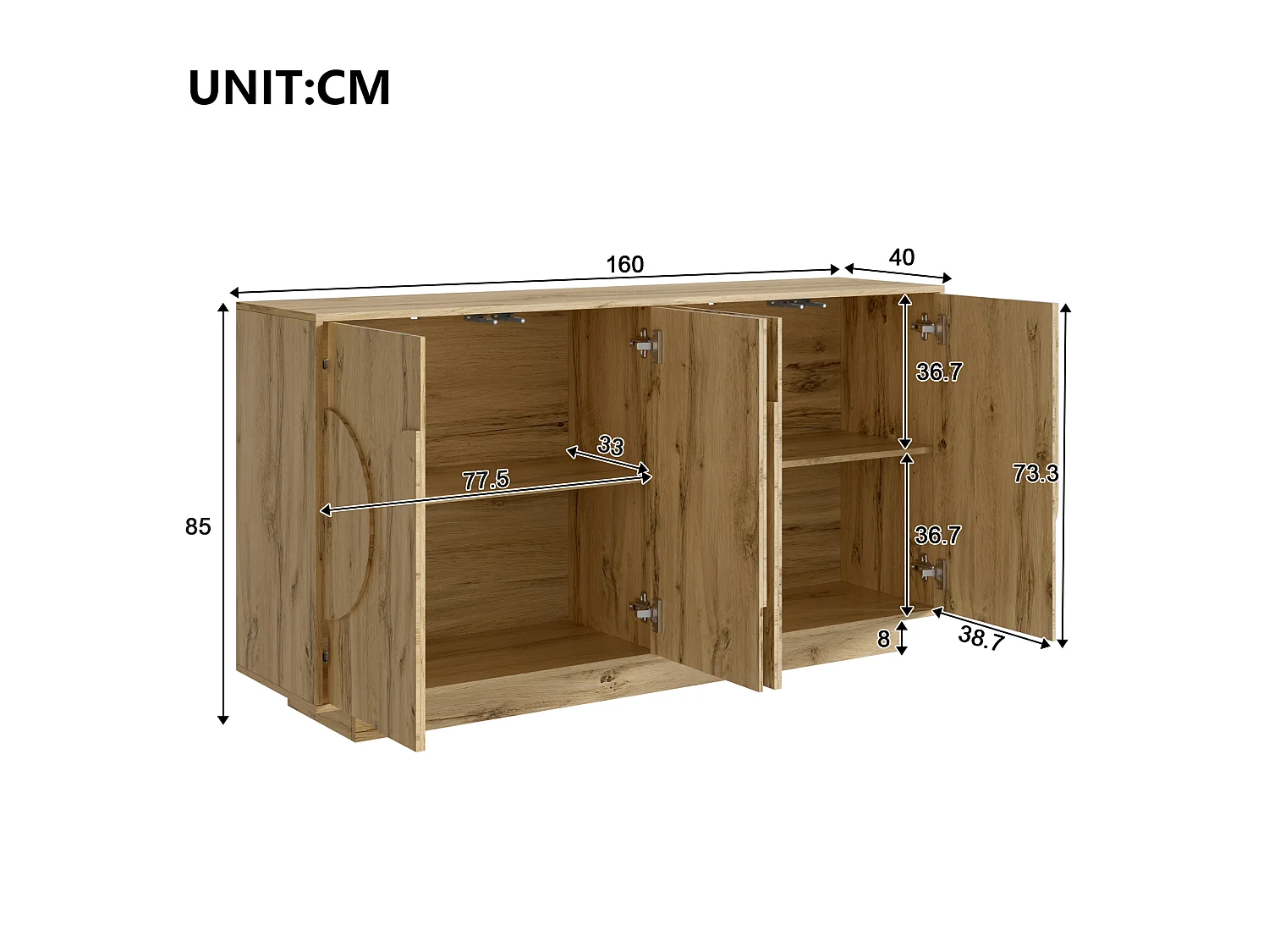 Buffet 160x40x85cm - avec 4 portes - avec des étagères réglables - présente un design sans poignée - Naturel
