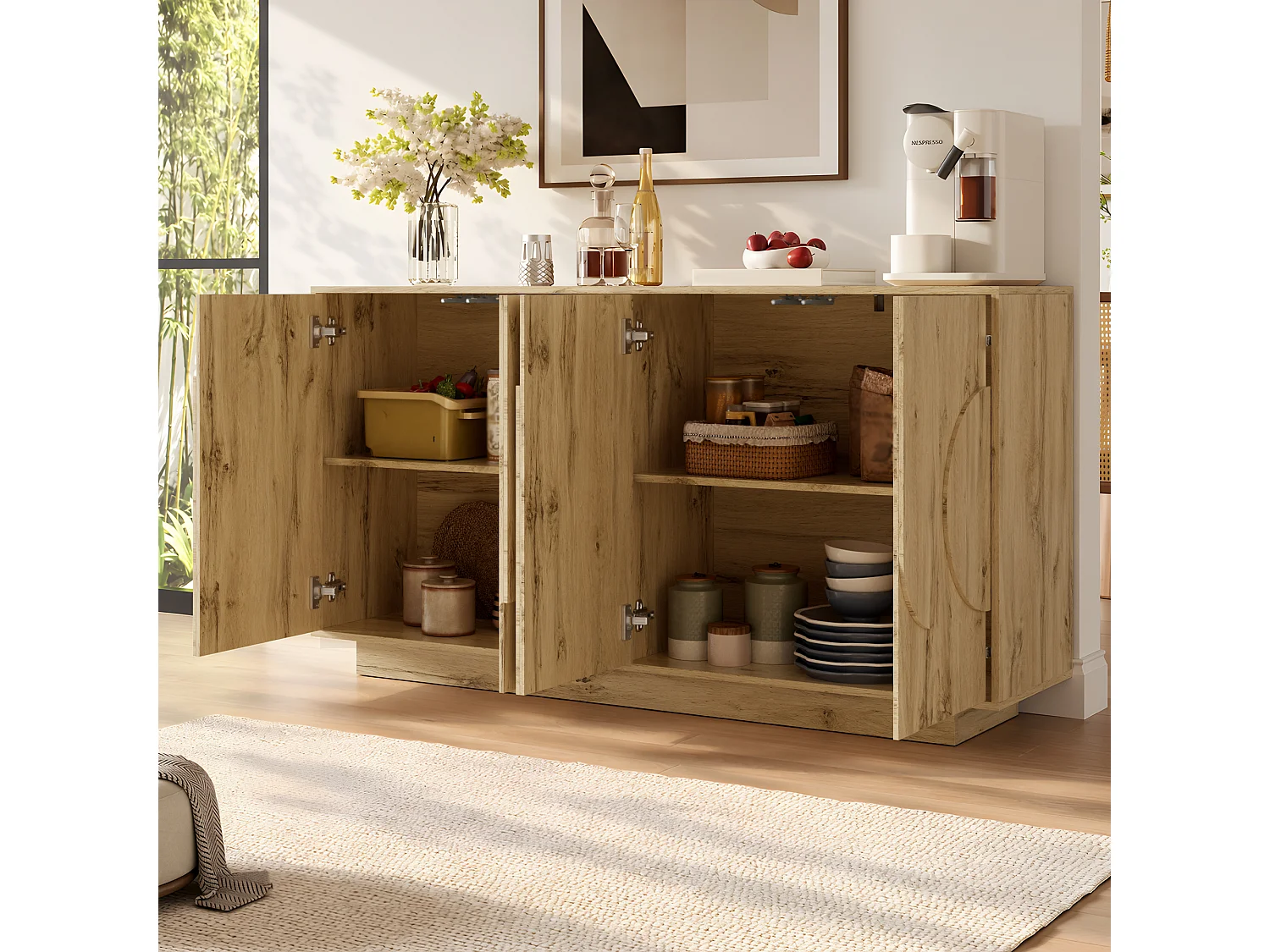 Buffet 160x40x85cm - avec 4 portes - avec des étagères réglables - présente un design sans poignée - Naturel