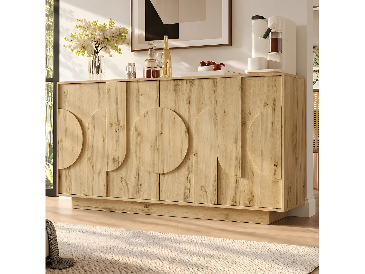 Buffet 160x40x85cm - avec 4 portes - avec des étagères réglables - présente un design sans poignée - Naturel