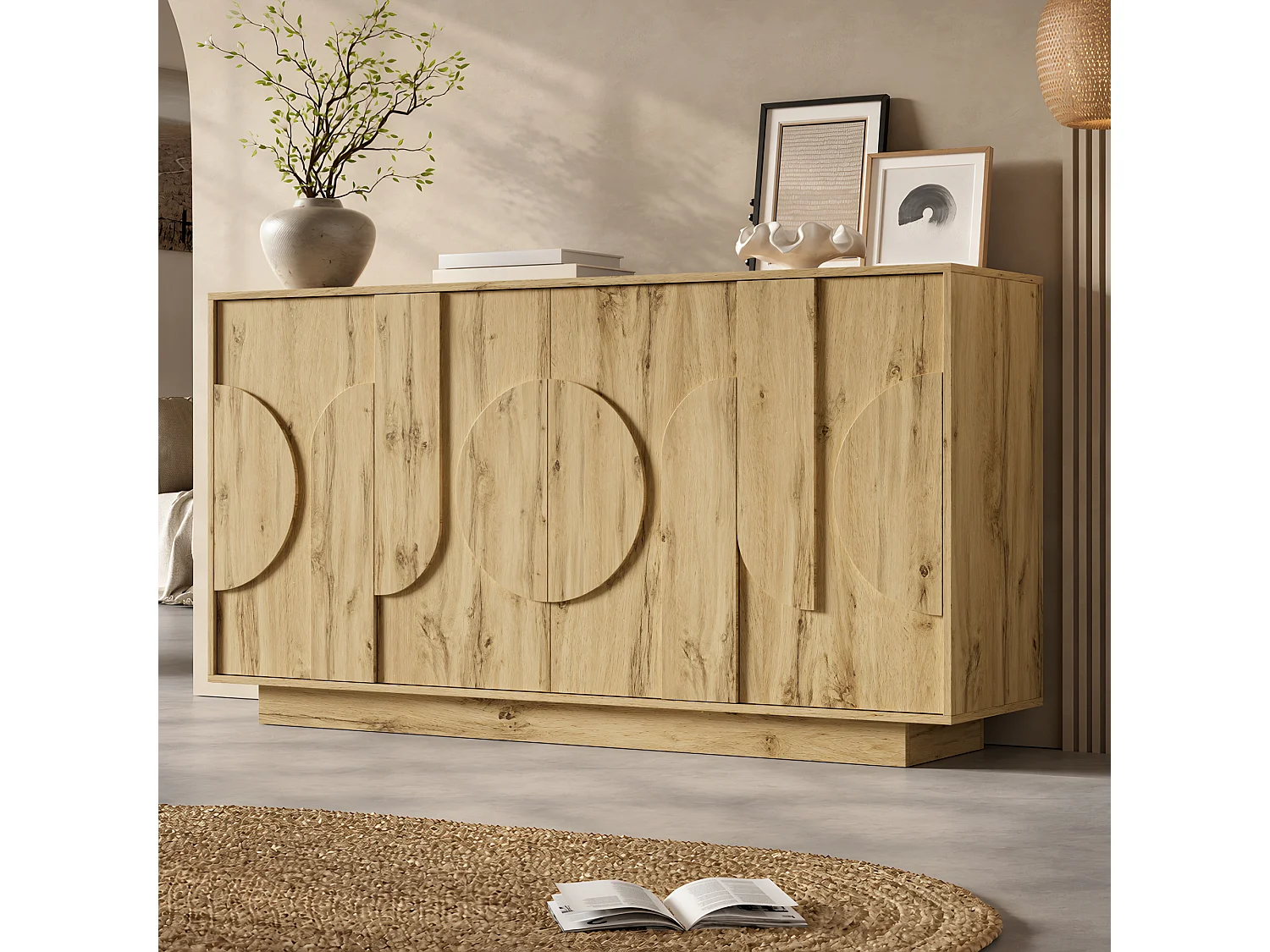 Buffet 160x40x85cm - avec 4 portes - avec des étagères réglables - présente un design sans poignée - Naturel