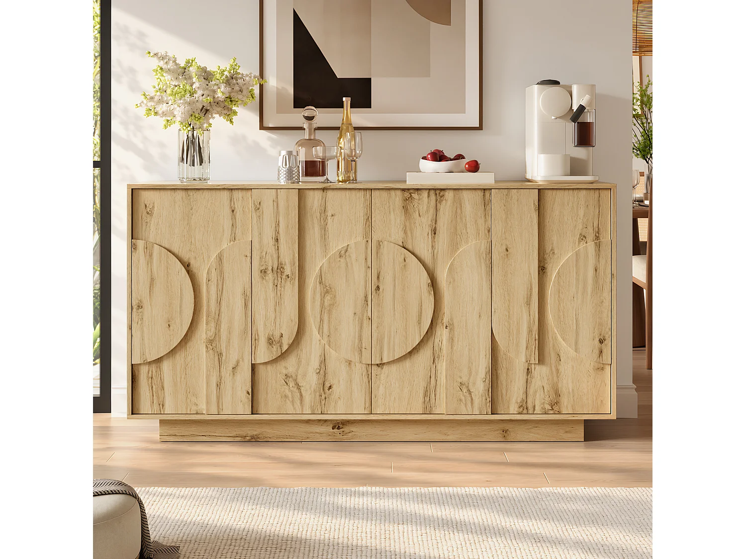 Buffet 160x40x85cm - avec 4 portes - avec des étagères réglables - présente un design sans poignée - Naturel