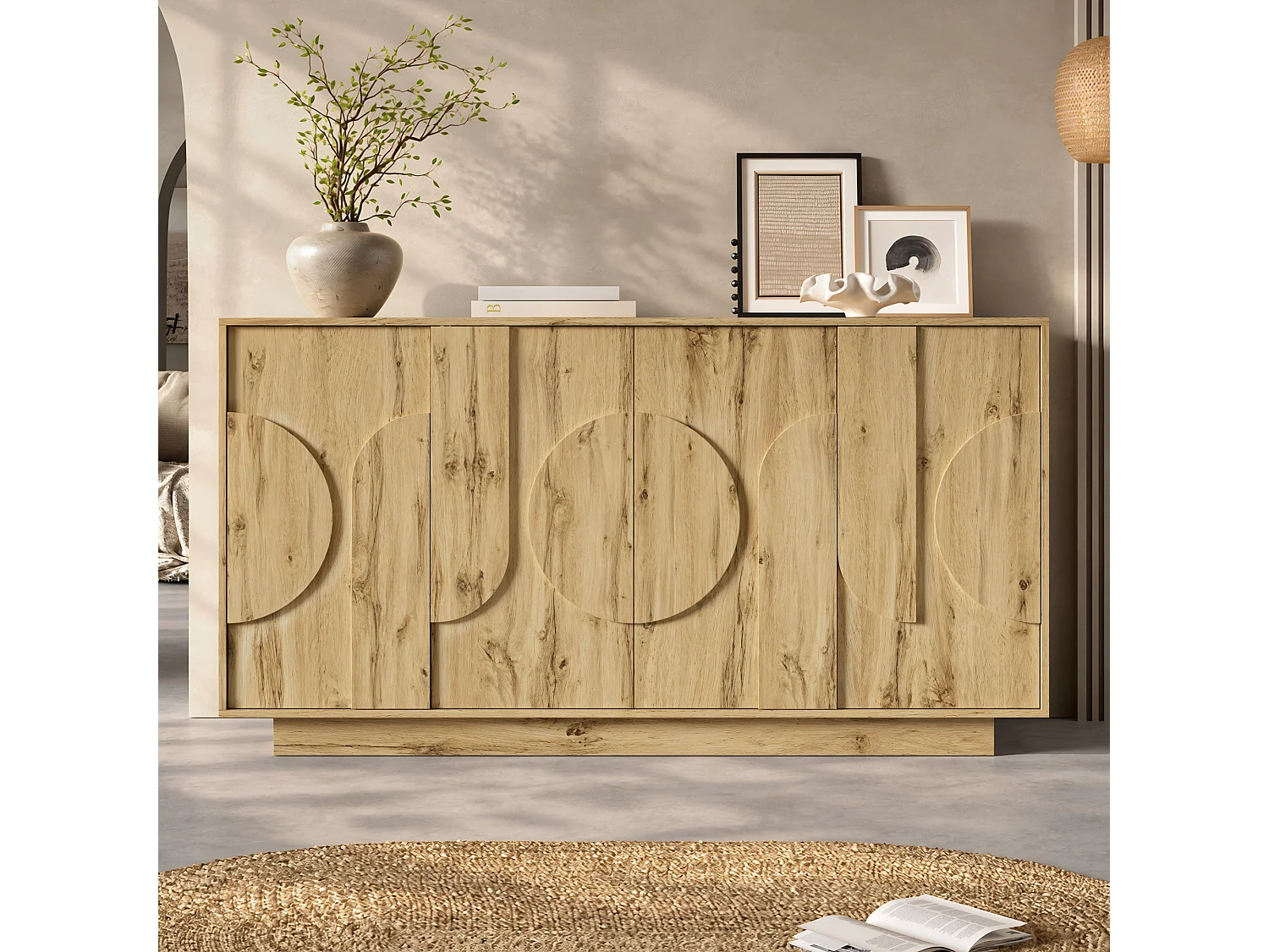 Buffet 160x40x85cm - avec 4 portes - avec des étagères réglables - présente un design sans poignée - Naturel