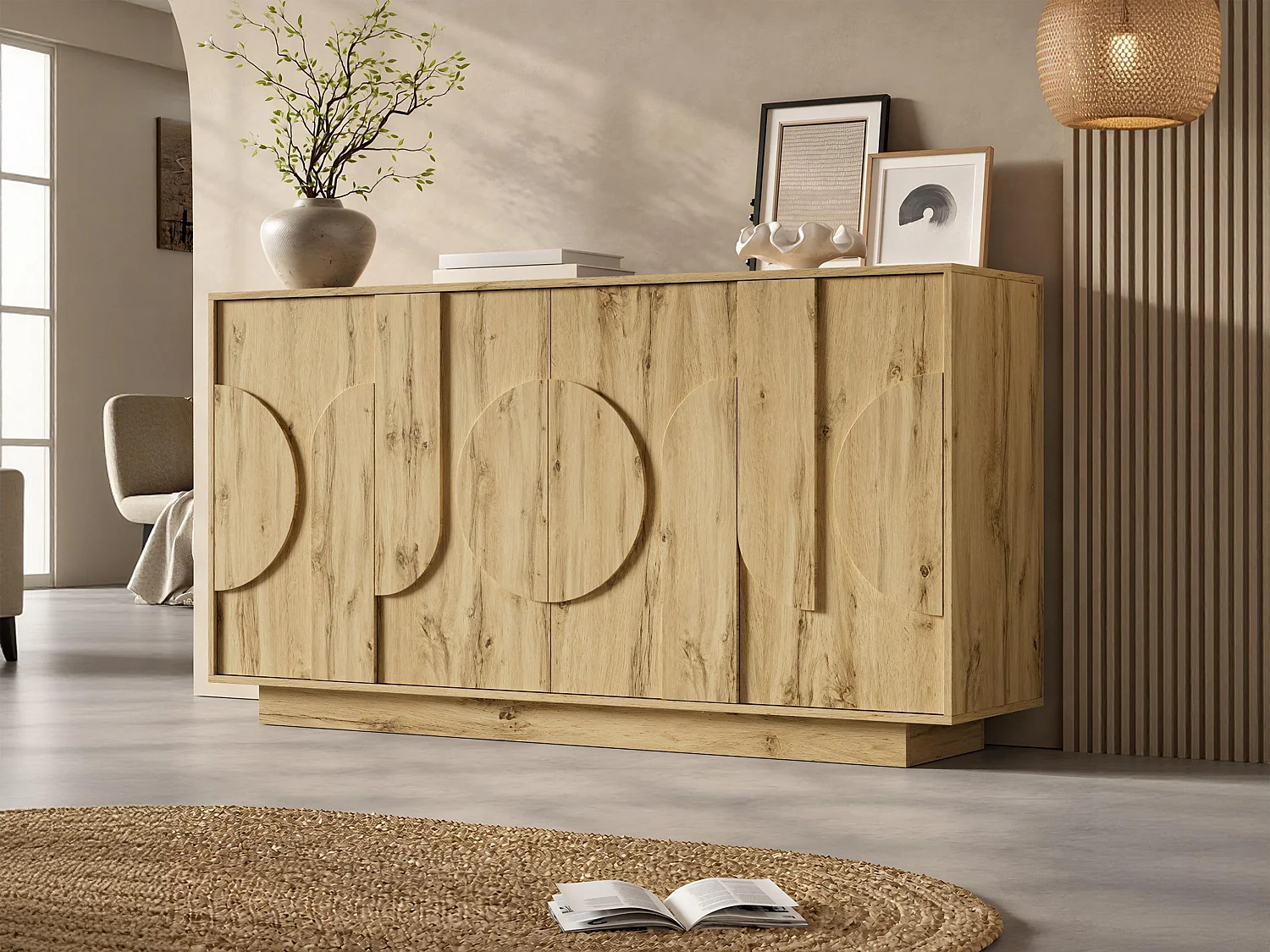Buffet 160x40x85cm - avec 4 portes - avec des étagères réglables - présente un design sans poignée - Naturel