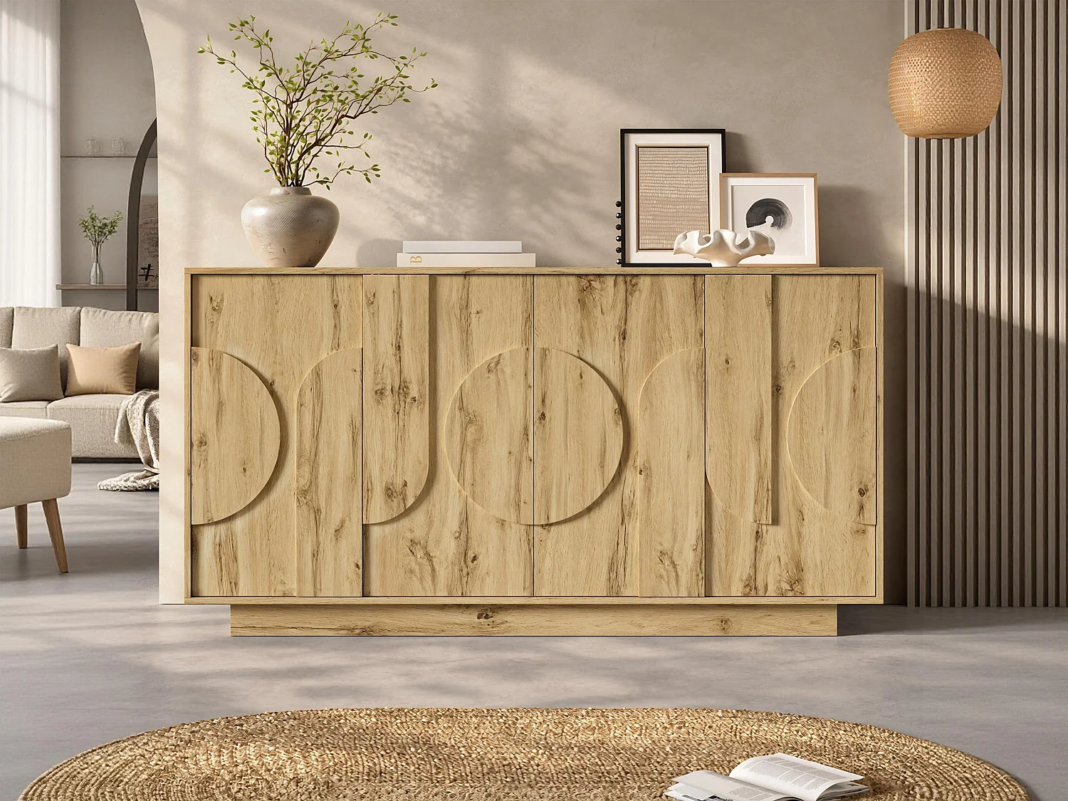 Buffet 160x40x85cm - avec 4 portes - avec des étagères réglables - présente un design sans poignée - Naturel