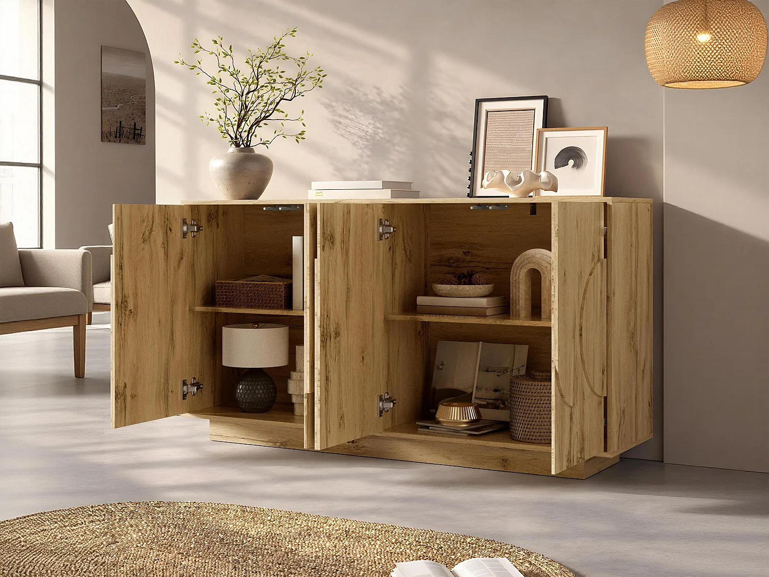 Buffet 160x40x85cm - avec 4 portes - avec des étagères réglables - présente un design sans poignée - Naturel