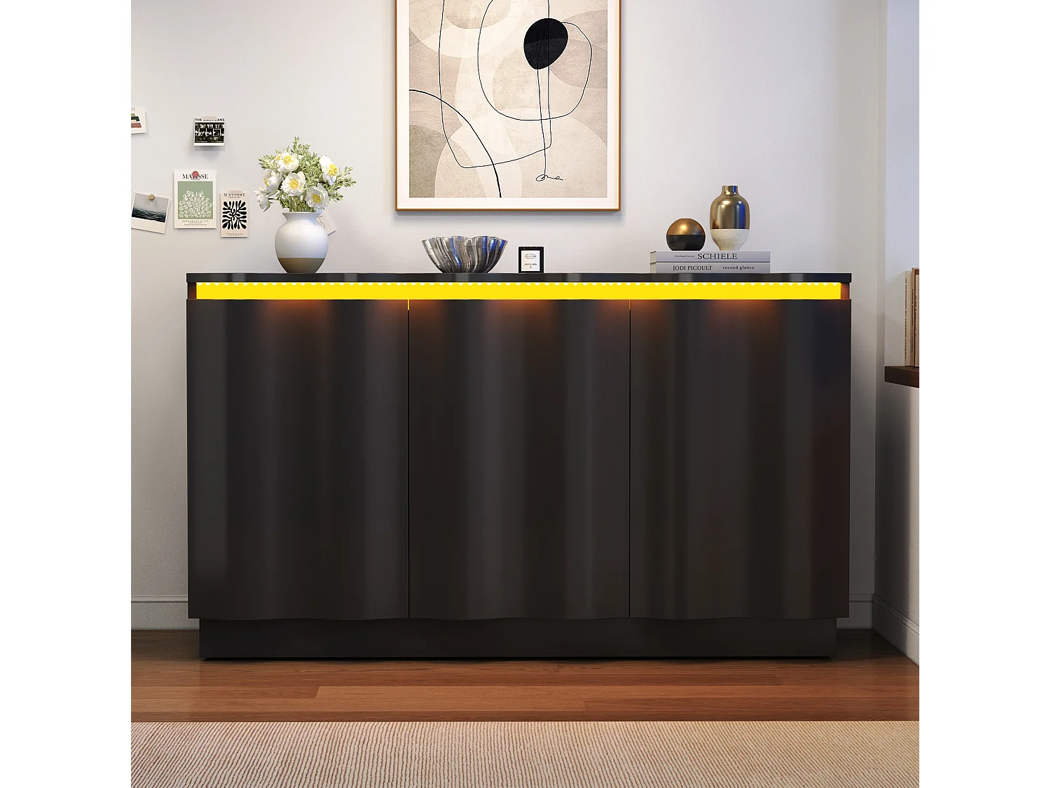 Bufet 120x35x69,5 cm - Oświetlenie LED RGB z Bluetooth - 3 drzwi i regulowane półki - Płyty wiórowe - Czarny