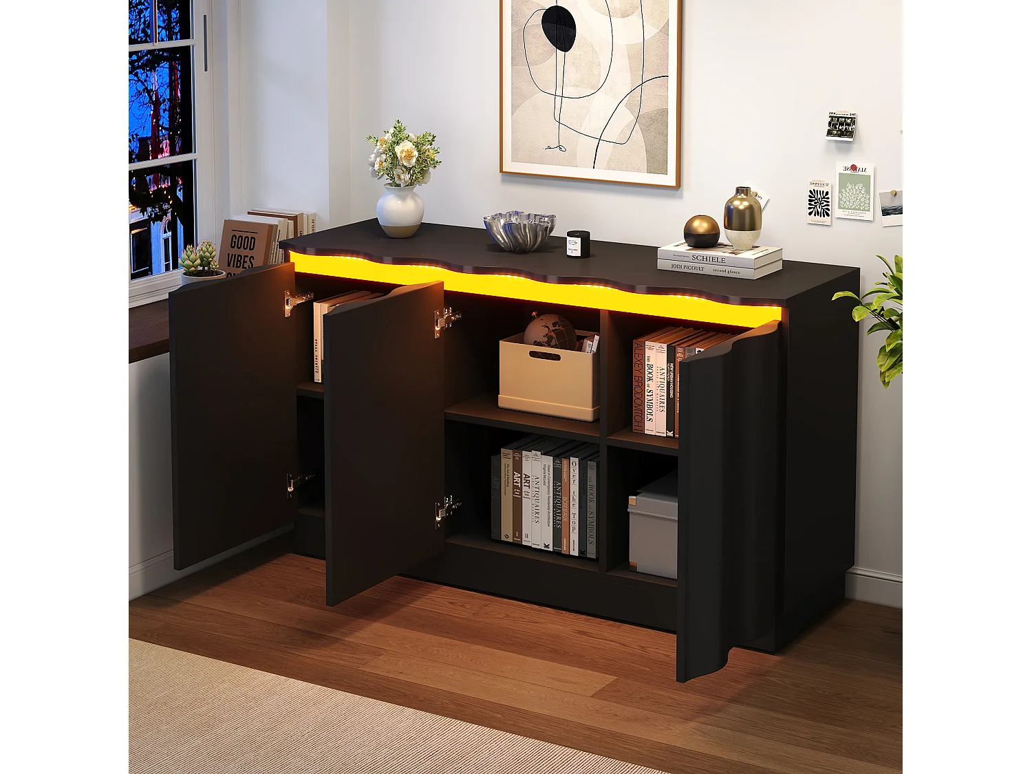 Bufet 120x35x69,5 cm - Oświetlenie LED RGB z Bluetooth - 3 drzwi i regulowane półki - Płyty wiórowe - Czarny