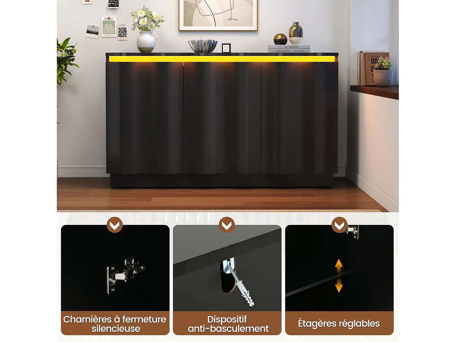 Bufet 120x35x69,5 cm - Oświetlenie LED RGB z Bluetooth - 3 drzwi i regulowane półki - Płyty wiórowe - Czarny