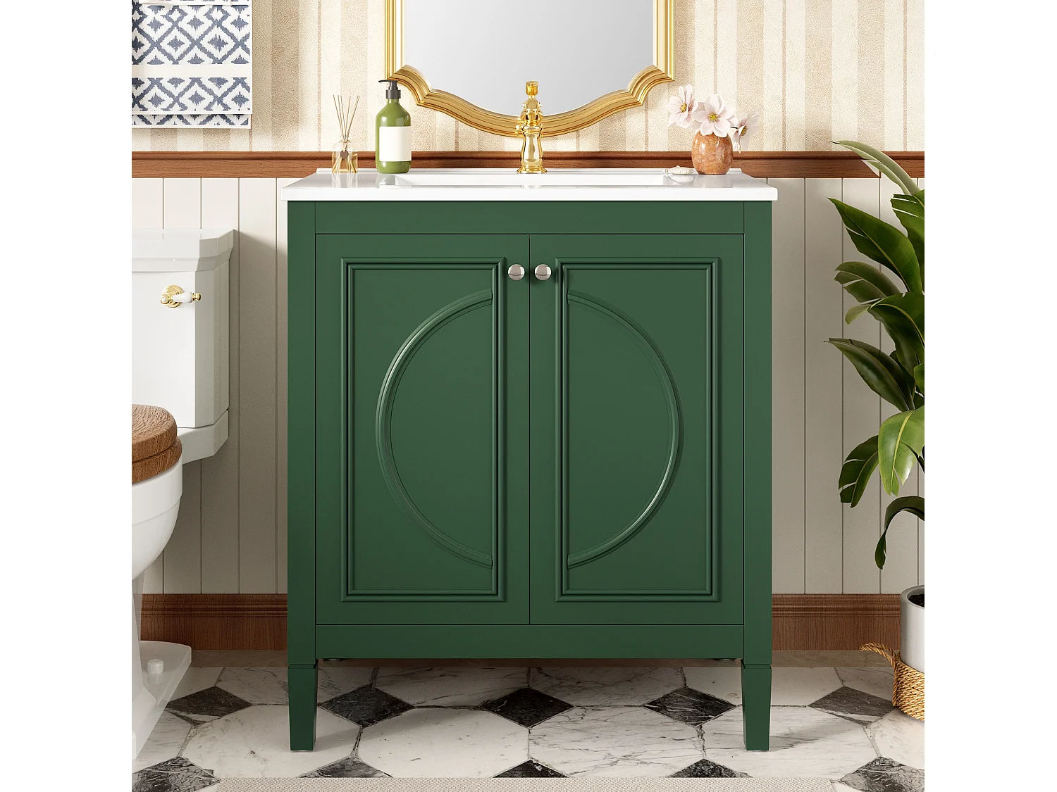 Mobile bagno con lavabo in ceramica 76x46,5x88,5 cm - 1 cassetto e 2 ante - Finitura laccata - Ripiano regolabile - Verde