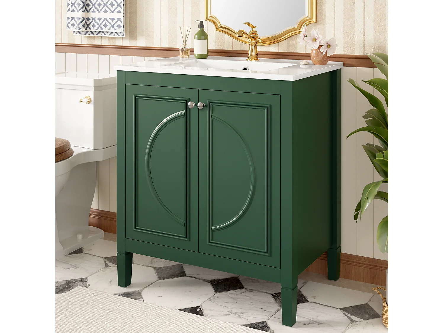 Mobile bagno con lavabo in ceramica 76x46,5x88,5 cm - 1 cassetto e 2 ante - Finitura laccata - Ripiano regolabile - Verde