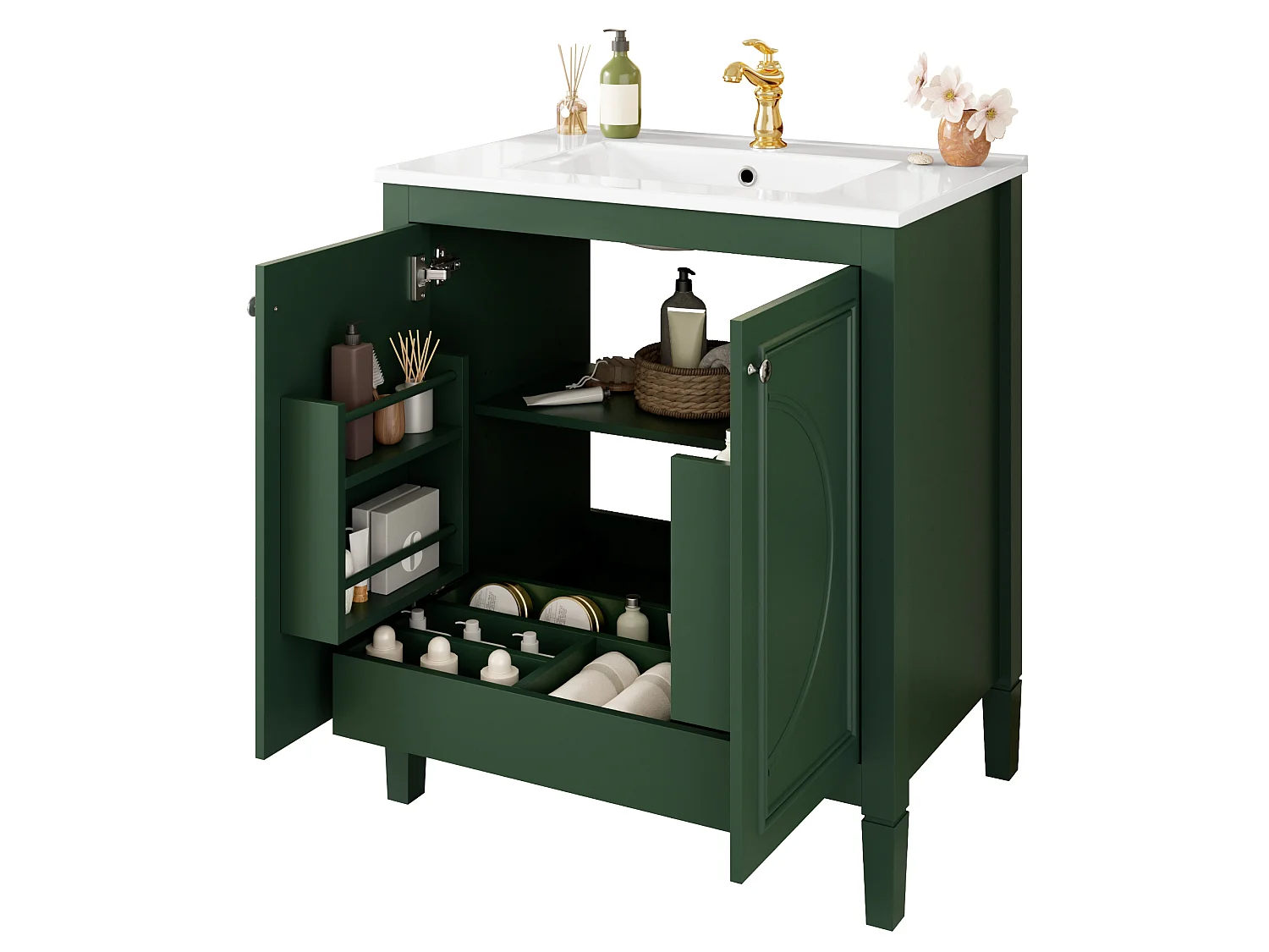 Mobile bagno con lavabo in ceramica 76x46,5x88,5 cm - 1 cassetto e 2 ante - Finitura laccata - Ripiano regolabile - Verde