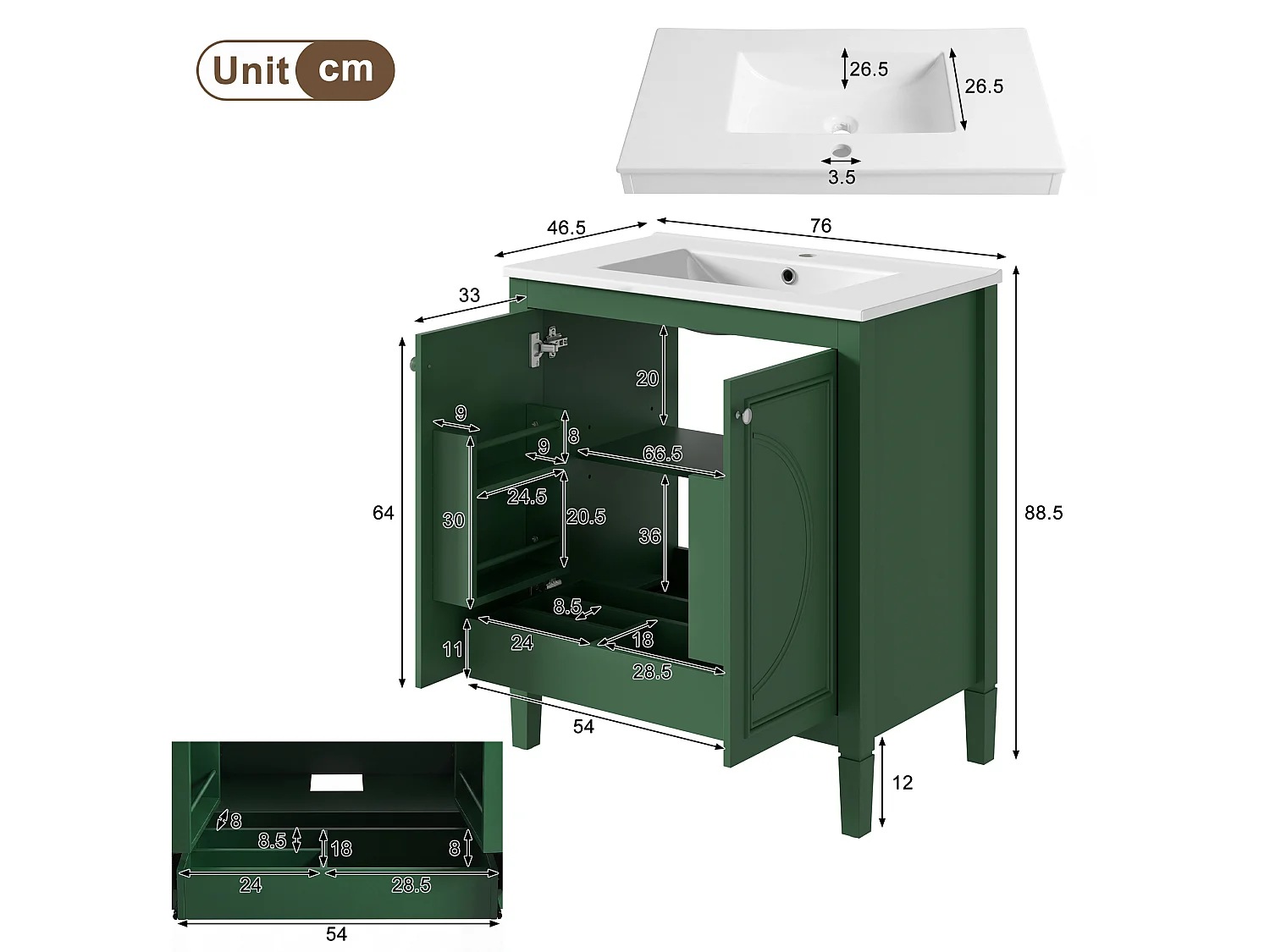 Mobile bagno con lavabo in ceramica 76x46,5x88,5 cm - 1 cassetto e 2 ante - Finitura laccata - Ripiano regolabile - Verde