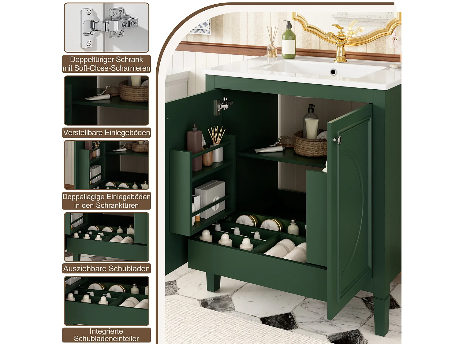 Mobile bagno con lavabo in ceramica 76x46,5x88,5 cm - 1 cassetto e 2 ante - Finitura laccata - Ripiano regolabile - Verde