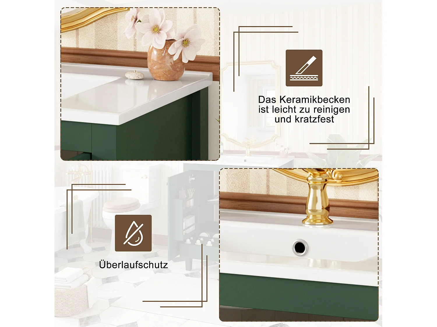 Mobile bagno con lavabo in ceramica 76x46,5x88,5 cm - 1 cassetto e 2 ante - Finitura laccata - Ripiano regolabile - Verde