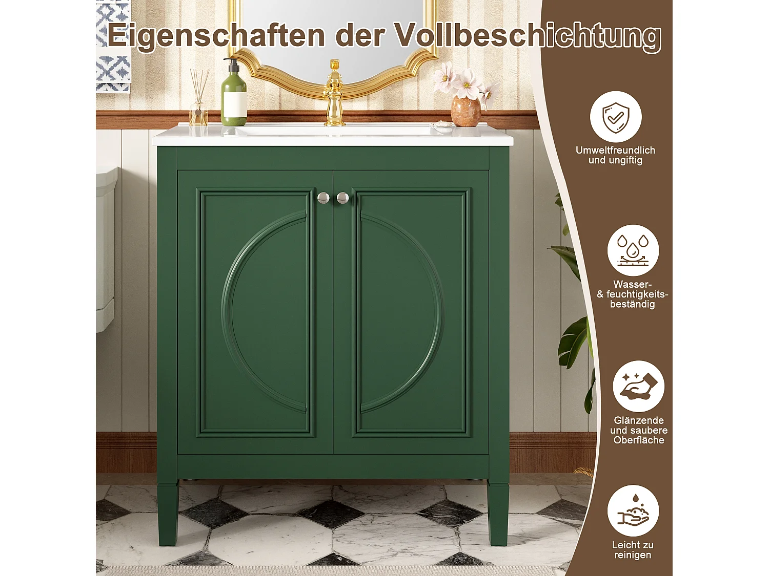 Mobile bagno con lavabo in ceramica 76x46,5x88,5 cm - 1 cassetto e 2 ante - Finitura laccata - Ripiano regolabile - Verde