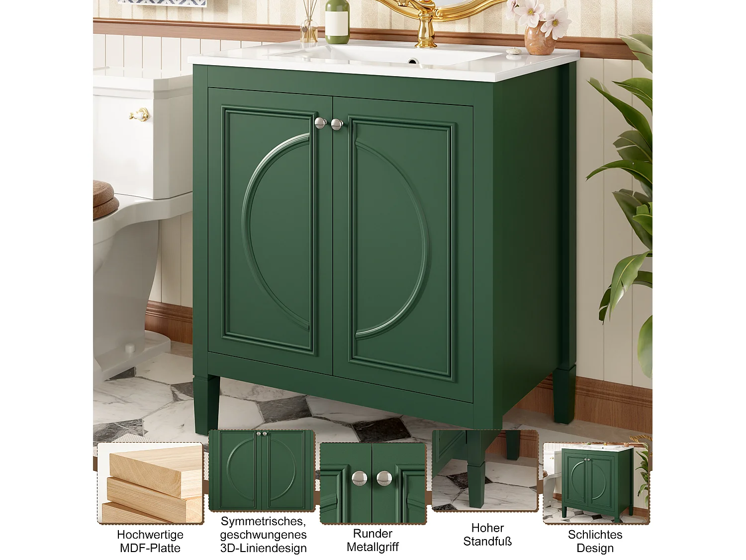 Mobile bagno con lavabo in ceramica 76x46,5x88,5 cm - 1 cassetto e 2 ante - Finitura laccata - Ripiano regolabile - Verde