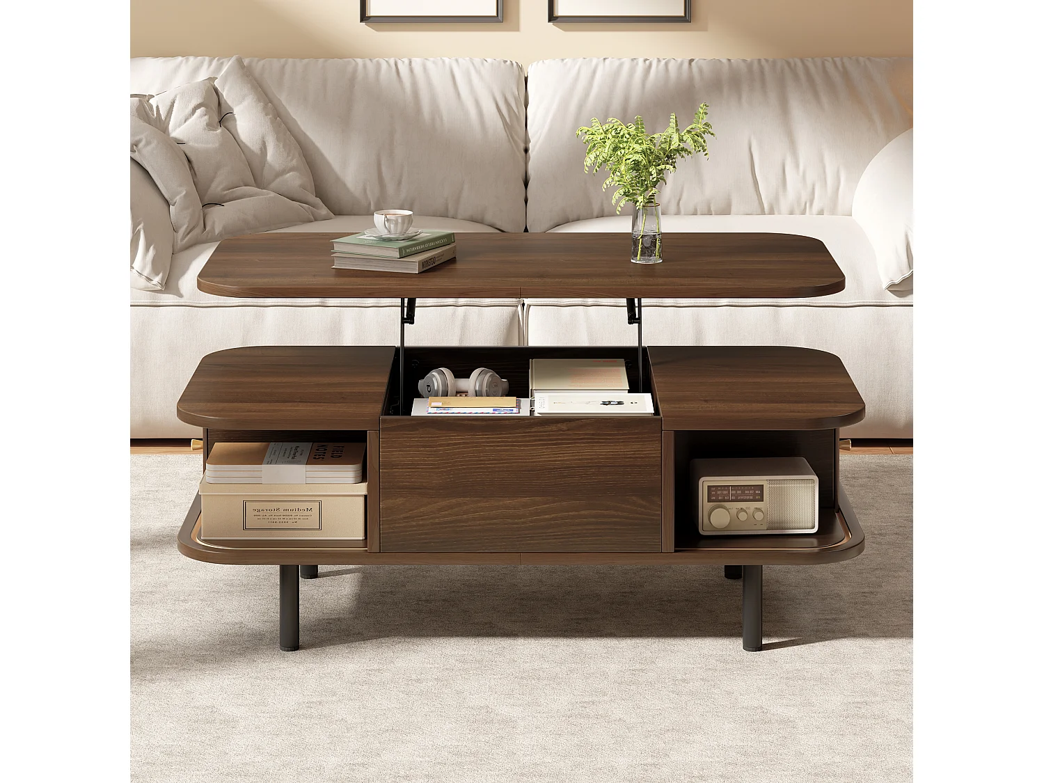 Tavolino basso sollevabile 101x51x52,5 cm - 2 porte scorrevoli a lamelle - Angoli arrotondati - Finitura effetto legno - MDF - Marrone