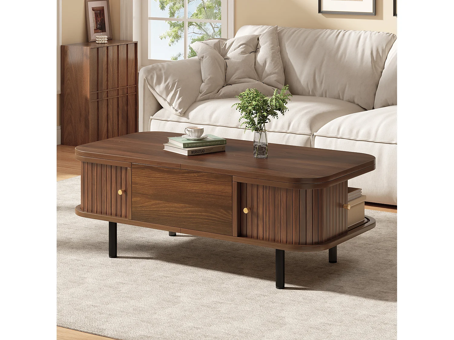 Tavolino basso sollevabile 101x51x52,5 cm - 2 porte scorrevoli a lamelle - Angoli arrotondati - Finitura effetto legno - MDF - Marrone