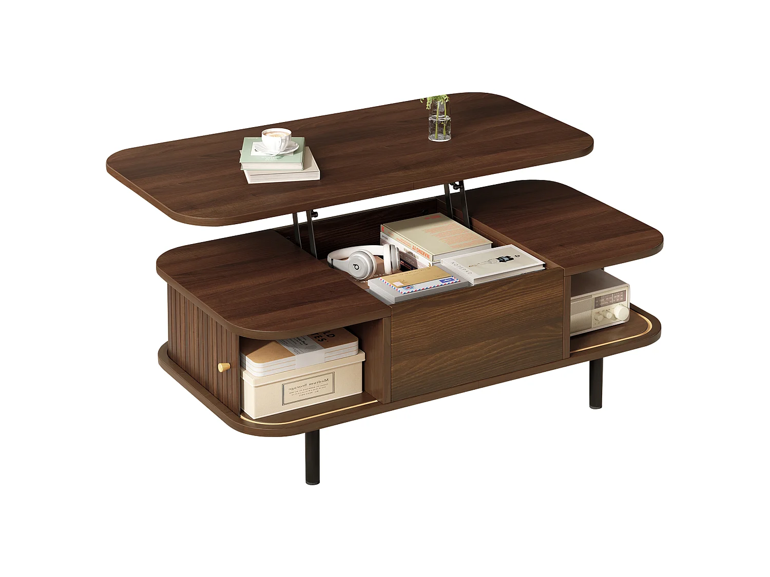 Tavolino basso sollevabile 101x51x52,5 cm - 2 porte scorrevoli a lamelle - Angoli arrotondati - Finitura effetto legno - MDF - Marrone