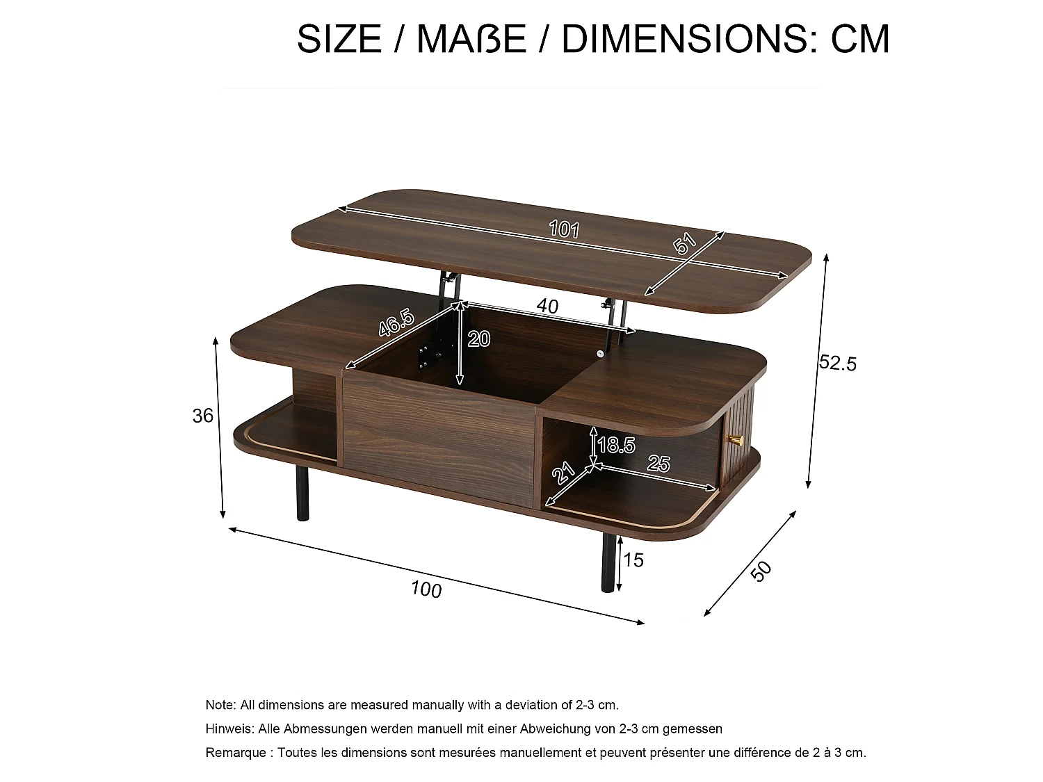 Tavolino basso sollevabile 101x51x52,5 cm - 2 porte scorrevoli a lamelle - Angoli arrotondati - Finitura effetto legno - MDF - Marrone