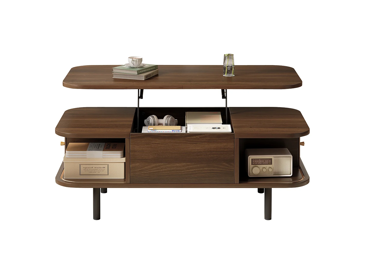 Tavolino basso sollevabile 101x51x52,5 cm - 2 porte scorrevoli a lamelle - Angoli arrotondati - Finitura effetto legno - MDF - Marrone