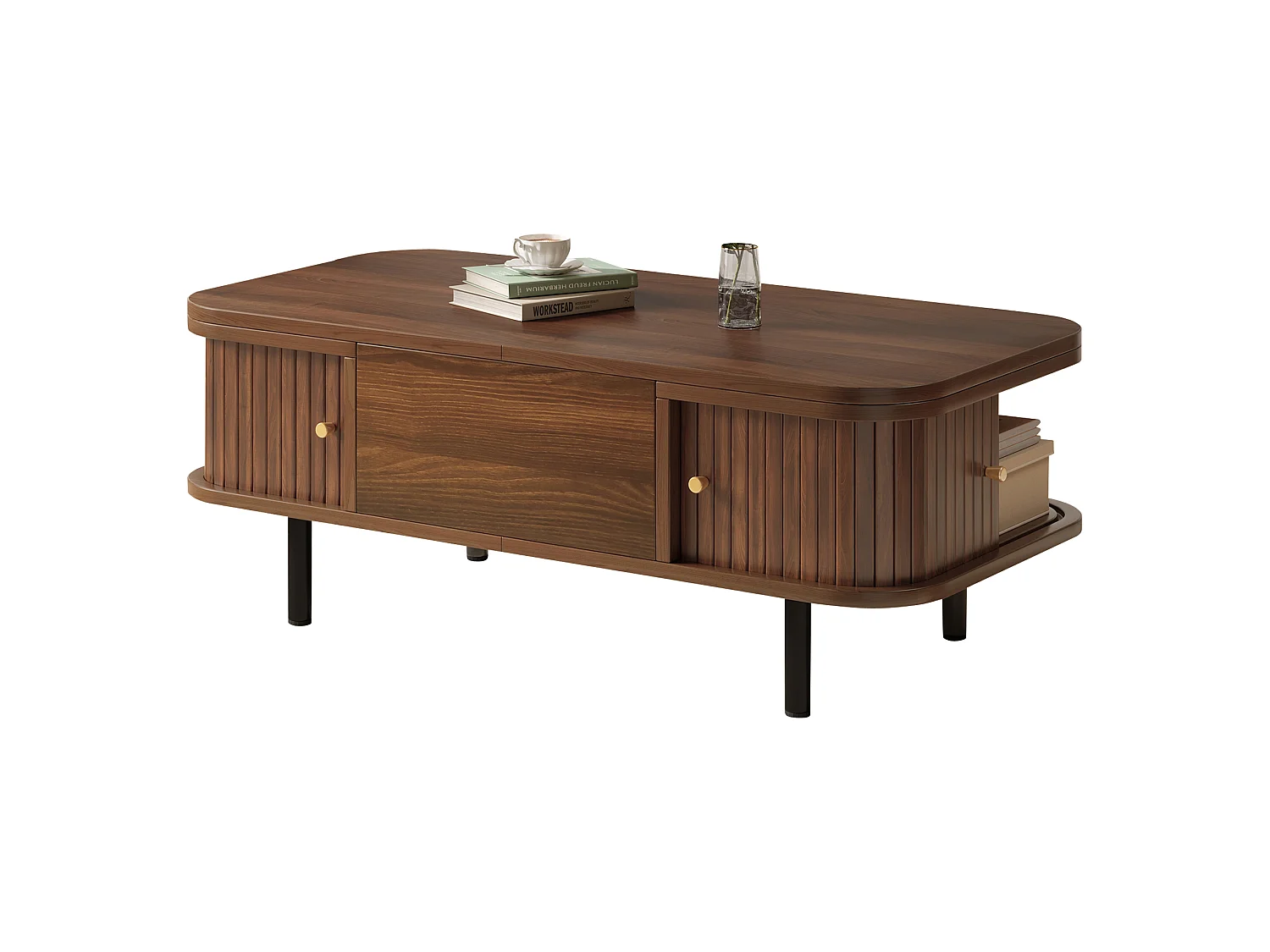 Tavolino basso sollevabile 101x51x52,5 cm - 2 porte scorrevoli a lamelle - Angoli arrotondati - Finitura effetto legno - MDF - Marrone