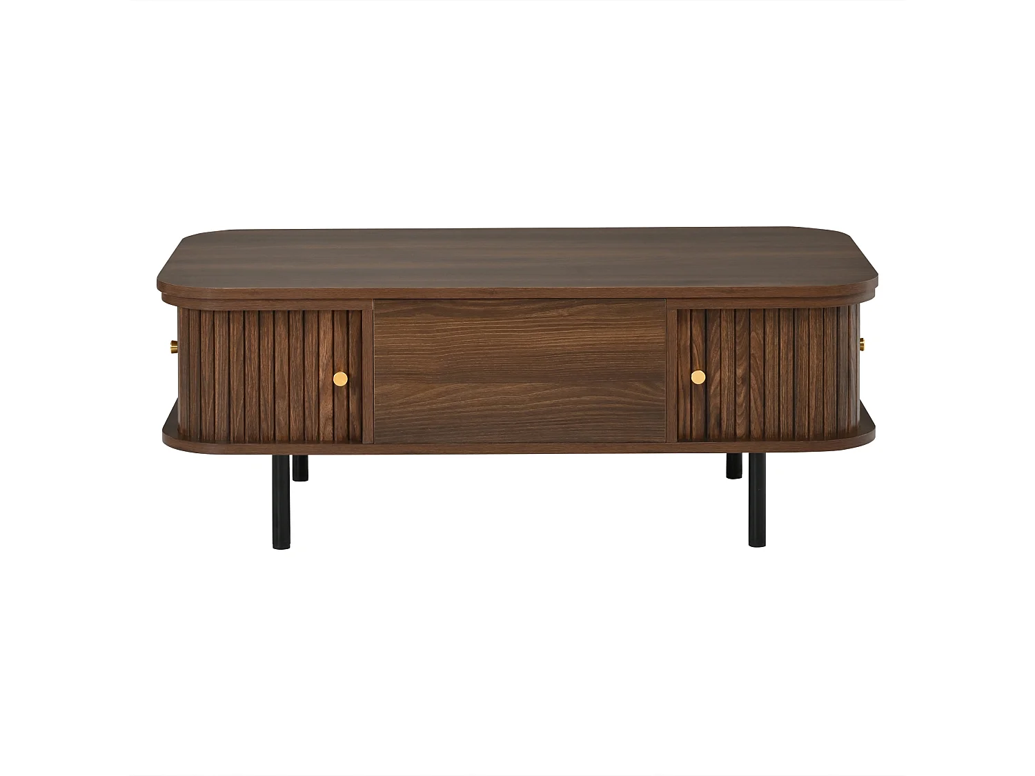 Tavolino basso sollevabile 101x51x52,5 cm - 2 porte scorrevoli a lamelle - Angoli arrotondati - Finitura effetto legno - MDF - Marrone