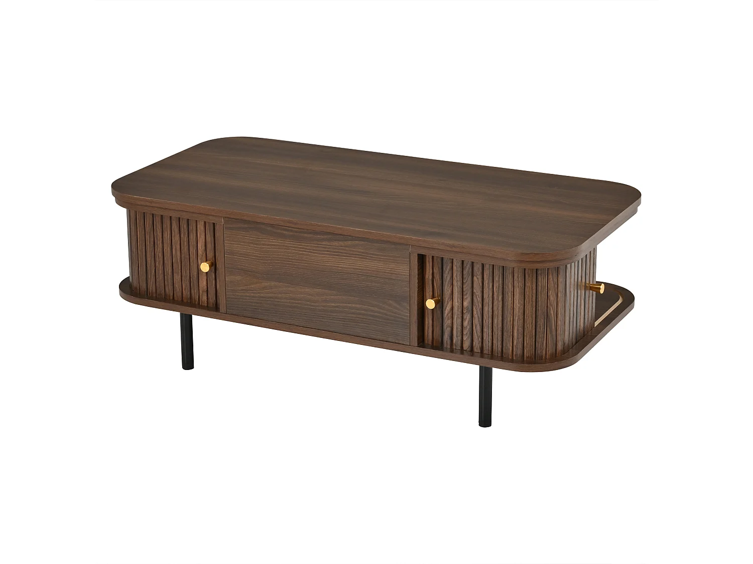 Tavolino basso sollevabile 101x51x52,5 cm - 2 porte scorrevoli a lamelle - Angoli arrotondati - Finitura effetto legno - MDF - Marrone