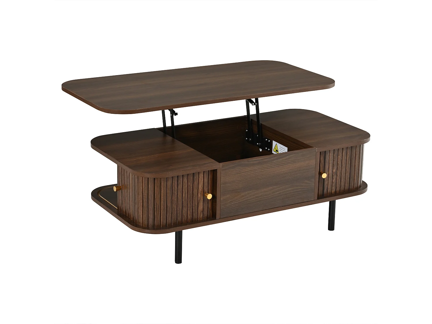 Tavolino basso sollevabile 101x51x52,5 cm - 2 porte scorrevoli a lamelle - Angoli arrotondati - Finitura effetto legno - MDF - Marrone
