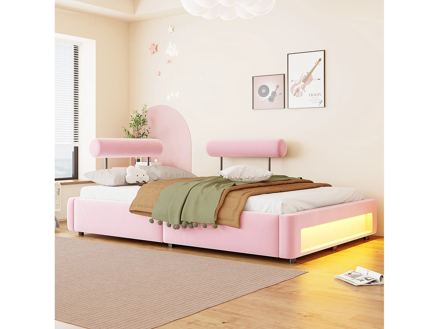 Lit rembourré 140 x 200 cm – Dossier réglable sur 4 niveaux – Avec éclairage LED – rose (matelas non inclus)
